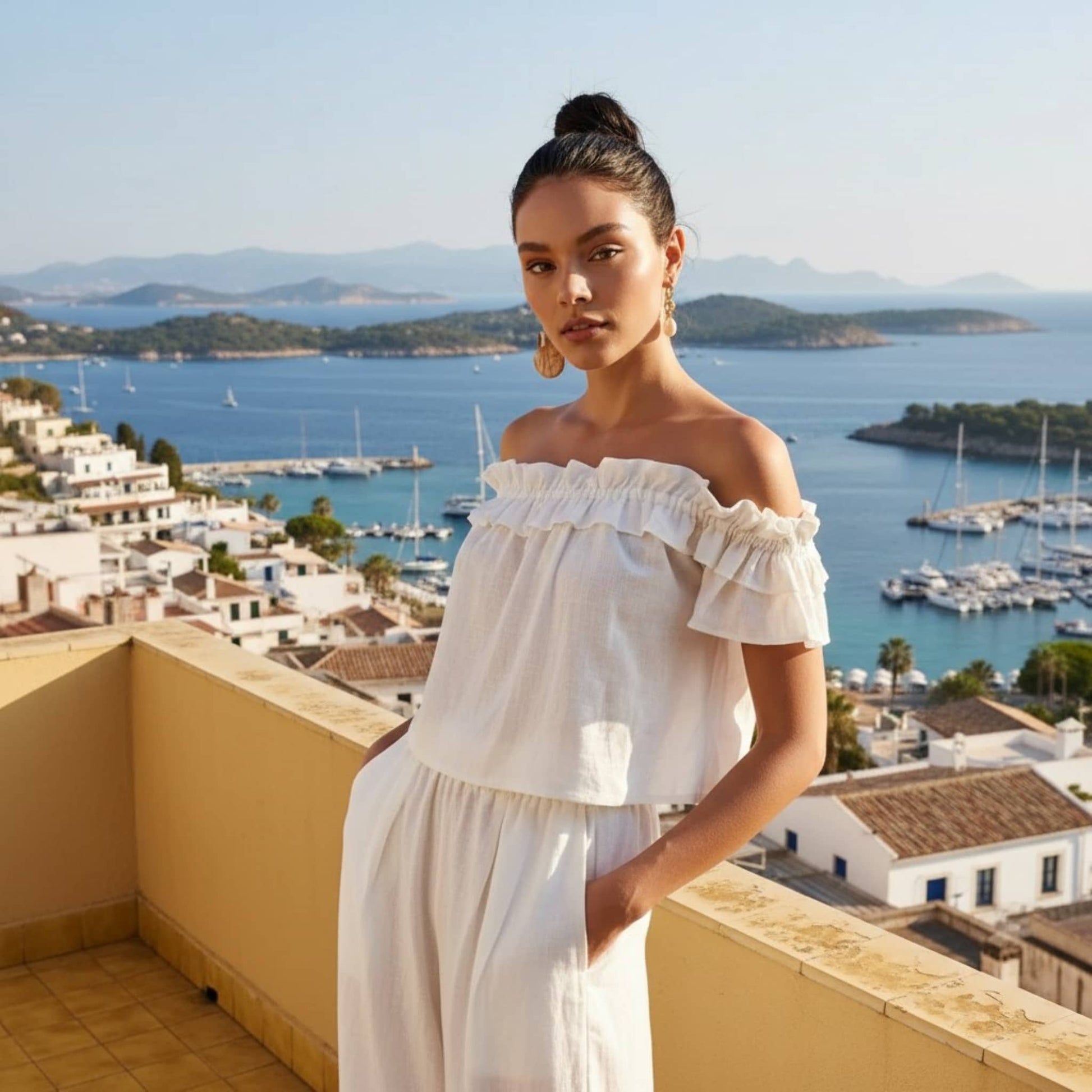 Linen Off The Shoulder Top, Ruffle Short Sleeve Top​