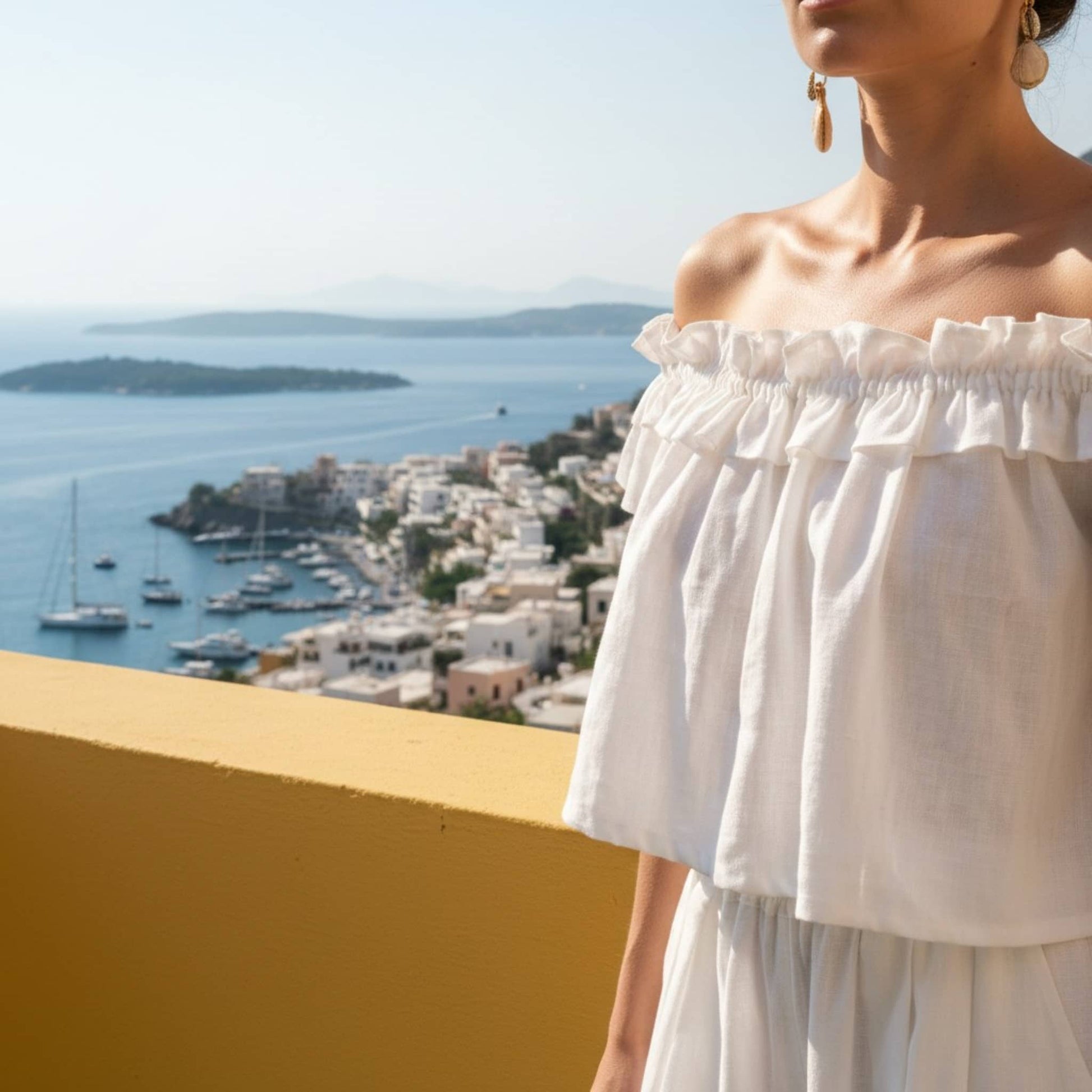 Linen Off The Shoulder Top, Ruffle Short Sleeve Top​