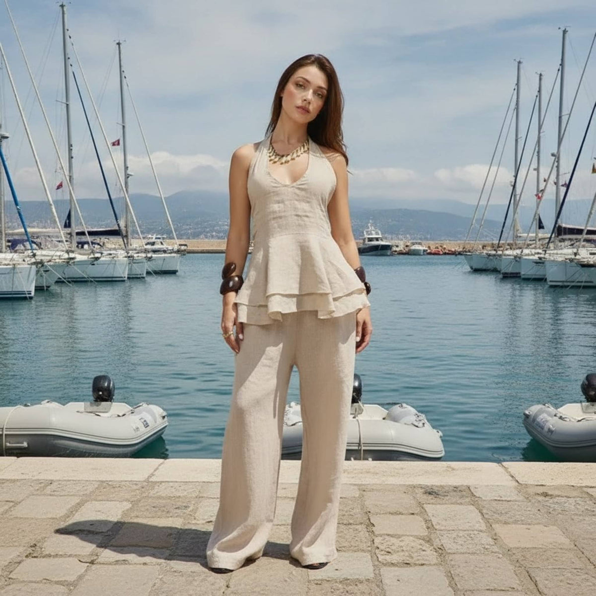 Linen Open Back Peplum Top, Halter Tie Neck