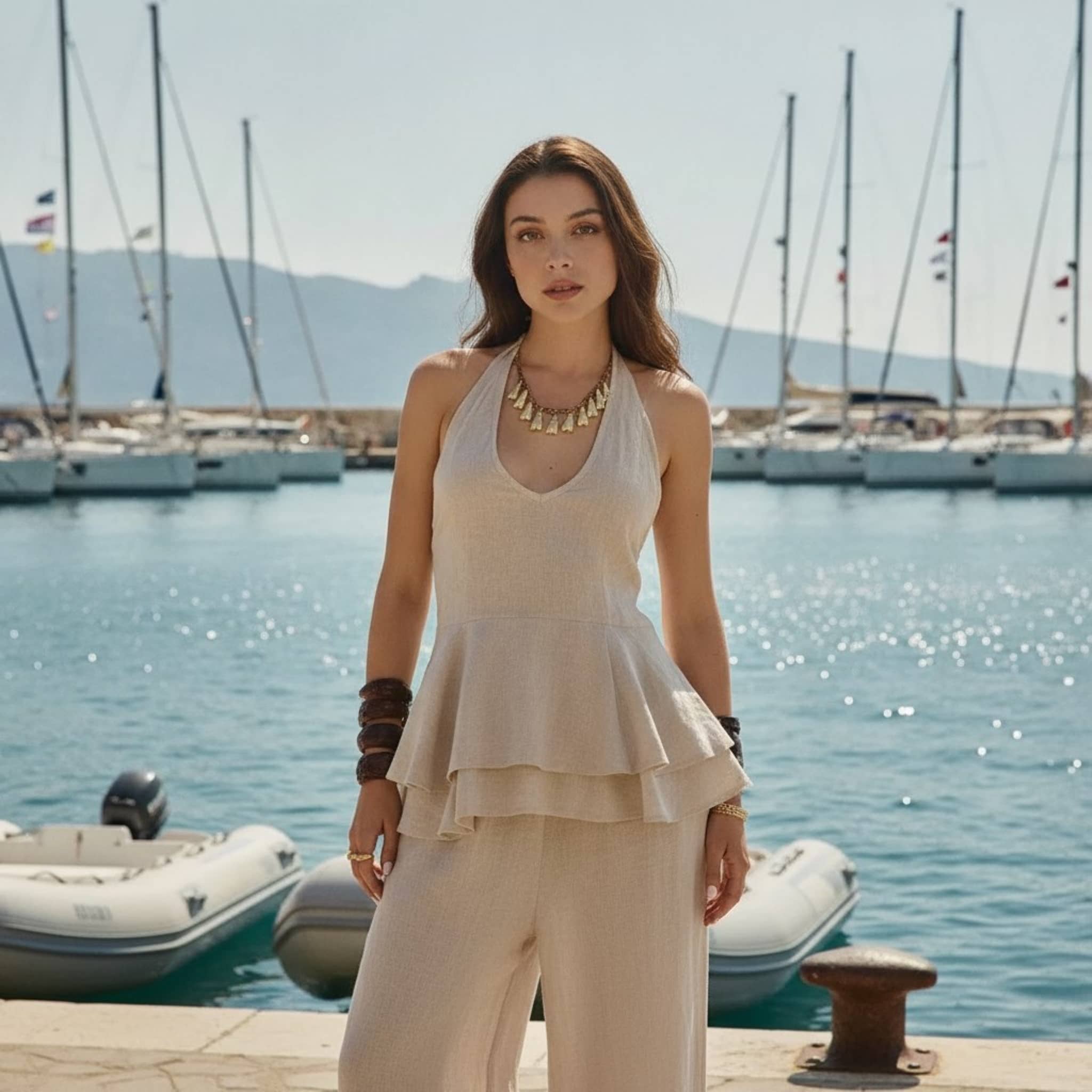 Linen Open Back Peplum Top, Halter Tie Neck