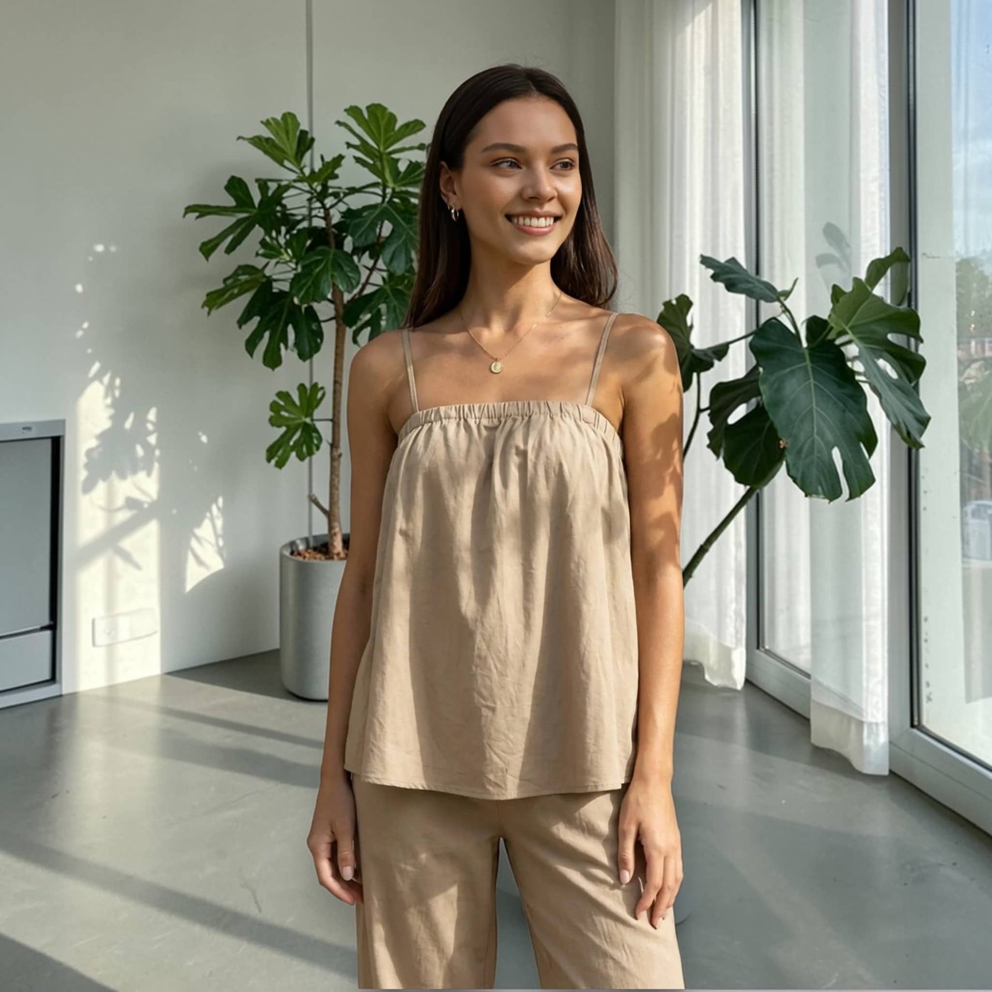 Linen Pajama Set, Cami Linen Top And Wide Leg Pants Set