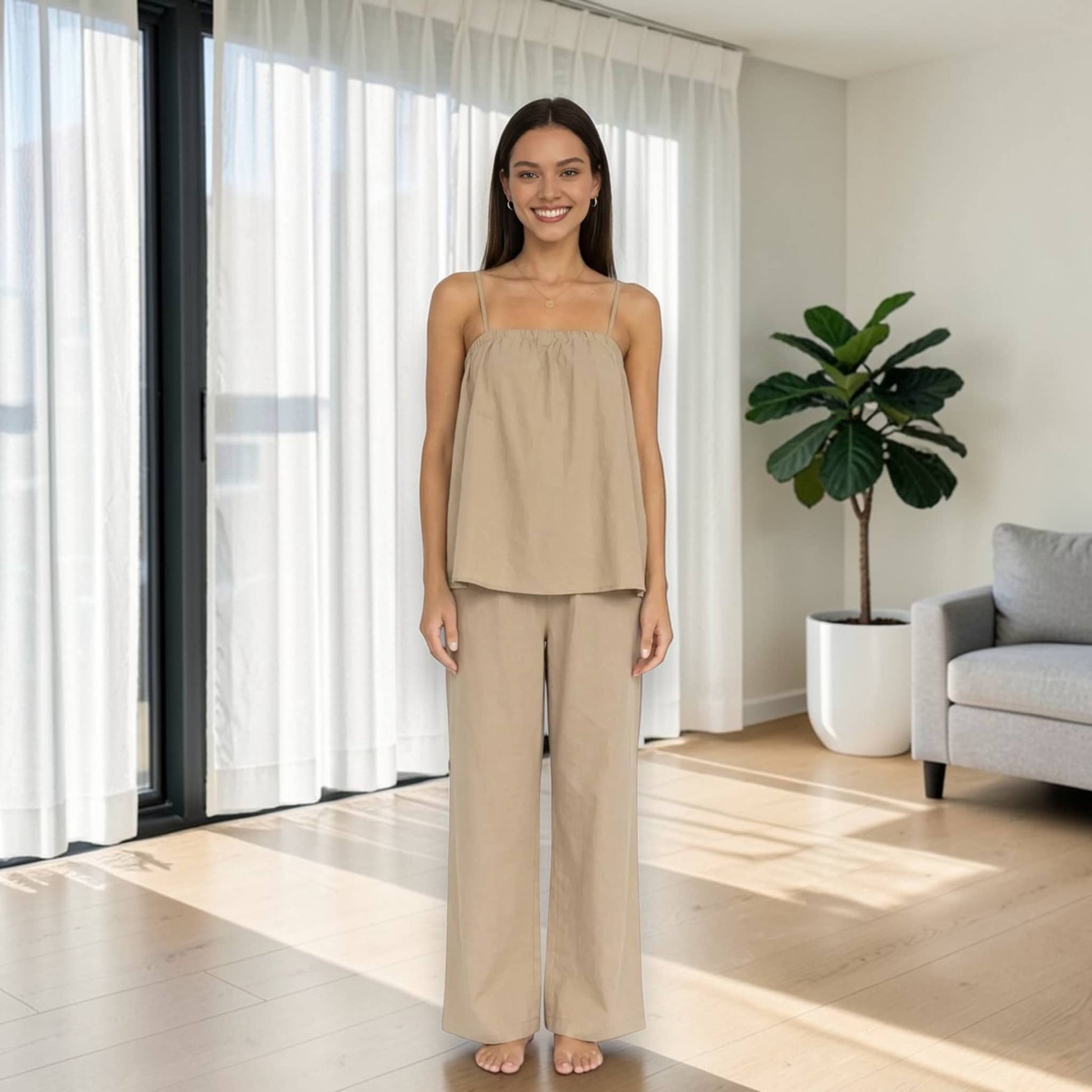 Linen Pajama Set, Cami Linen Top And Wide Leg Pants Set