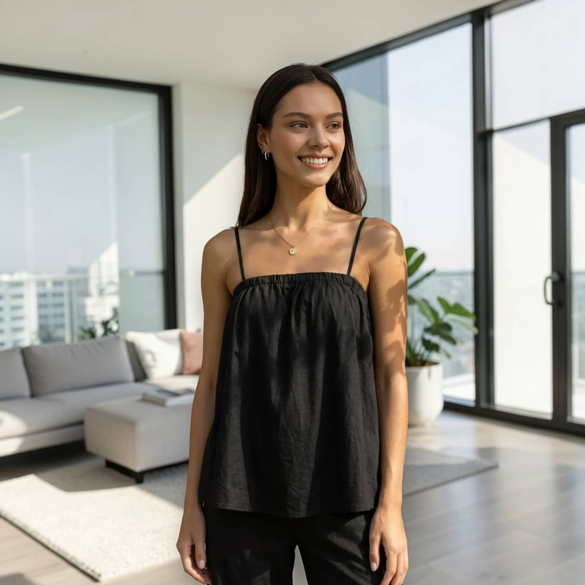 Linen Pajama Set, Cami Linen Top And Wide Leg Pants Set