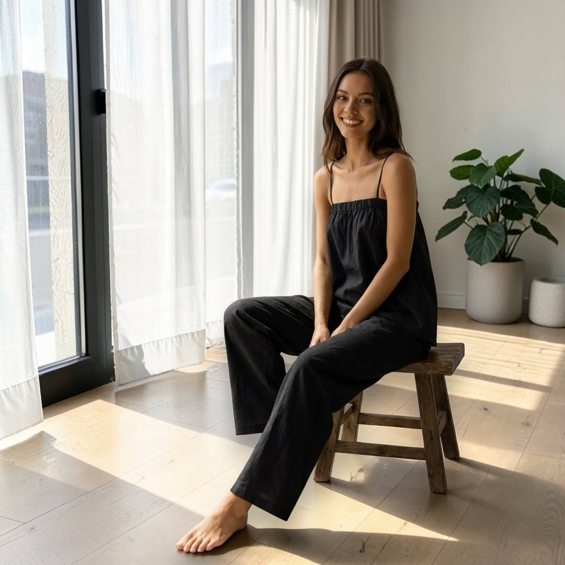 Linen Pajama Set, Cami Linen Top And Wide Leg Pants Set