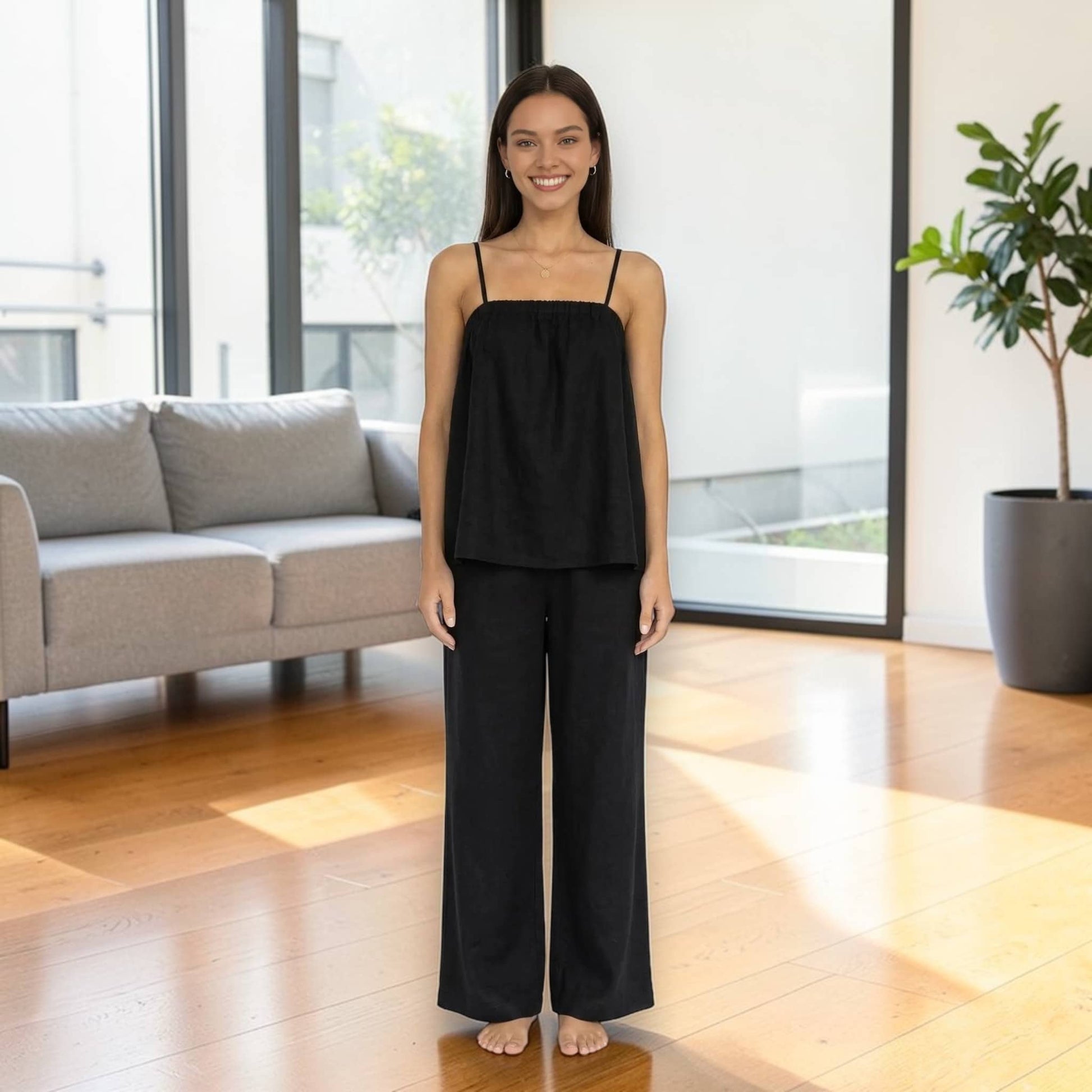 Linen Pajama Set, Cami Linen Top And Wide Leg Pants Set