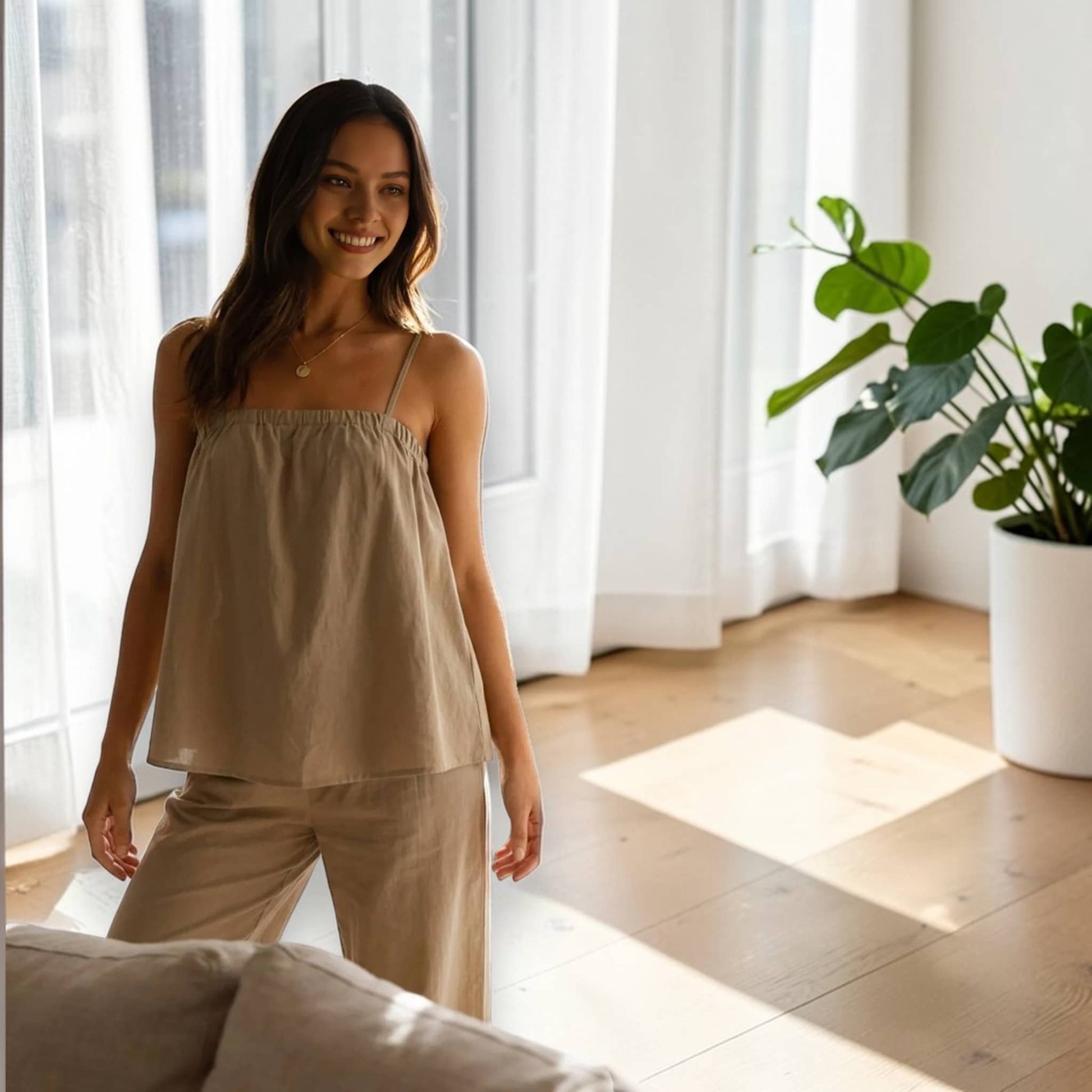 Linen Pajama Set, Cami Linen Top And Wide Leg Pants Set