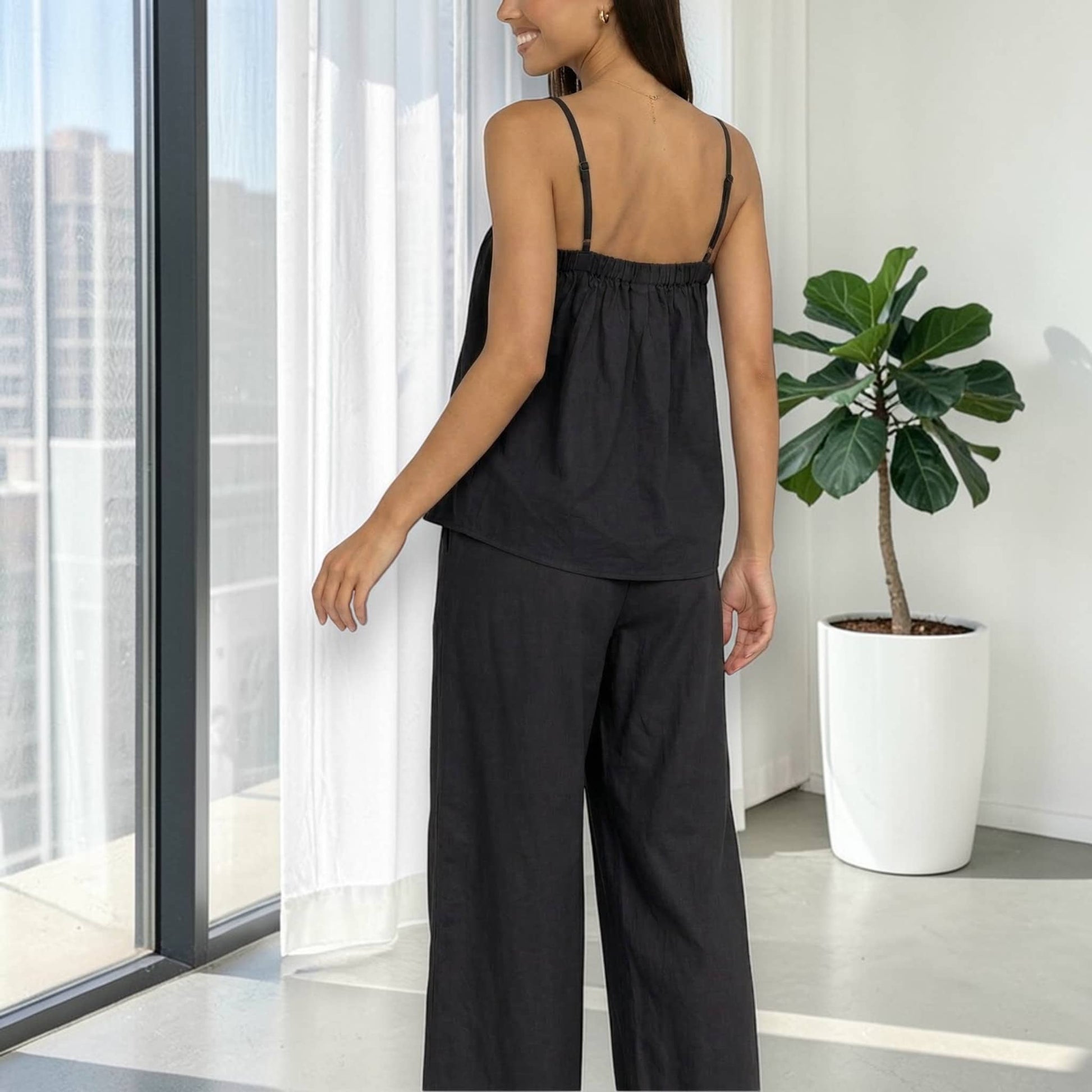 Linen Pajama Set, Cami Linen Top And Wide Leg Pants Set