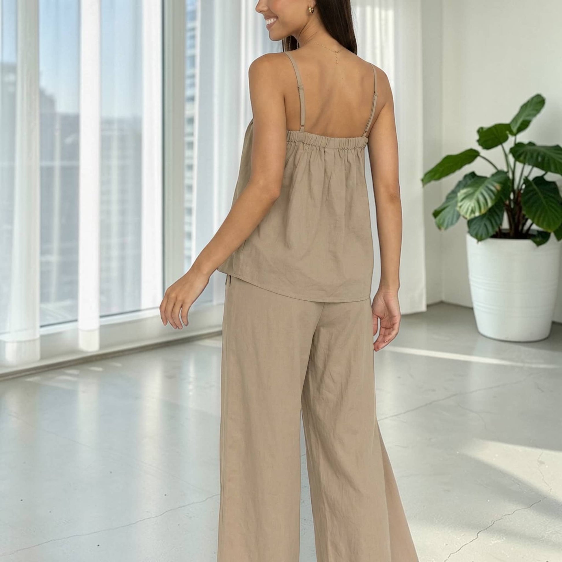 Linen Pajama Set, Cami Linen Top And Wide Leg Pants Set