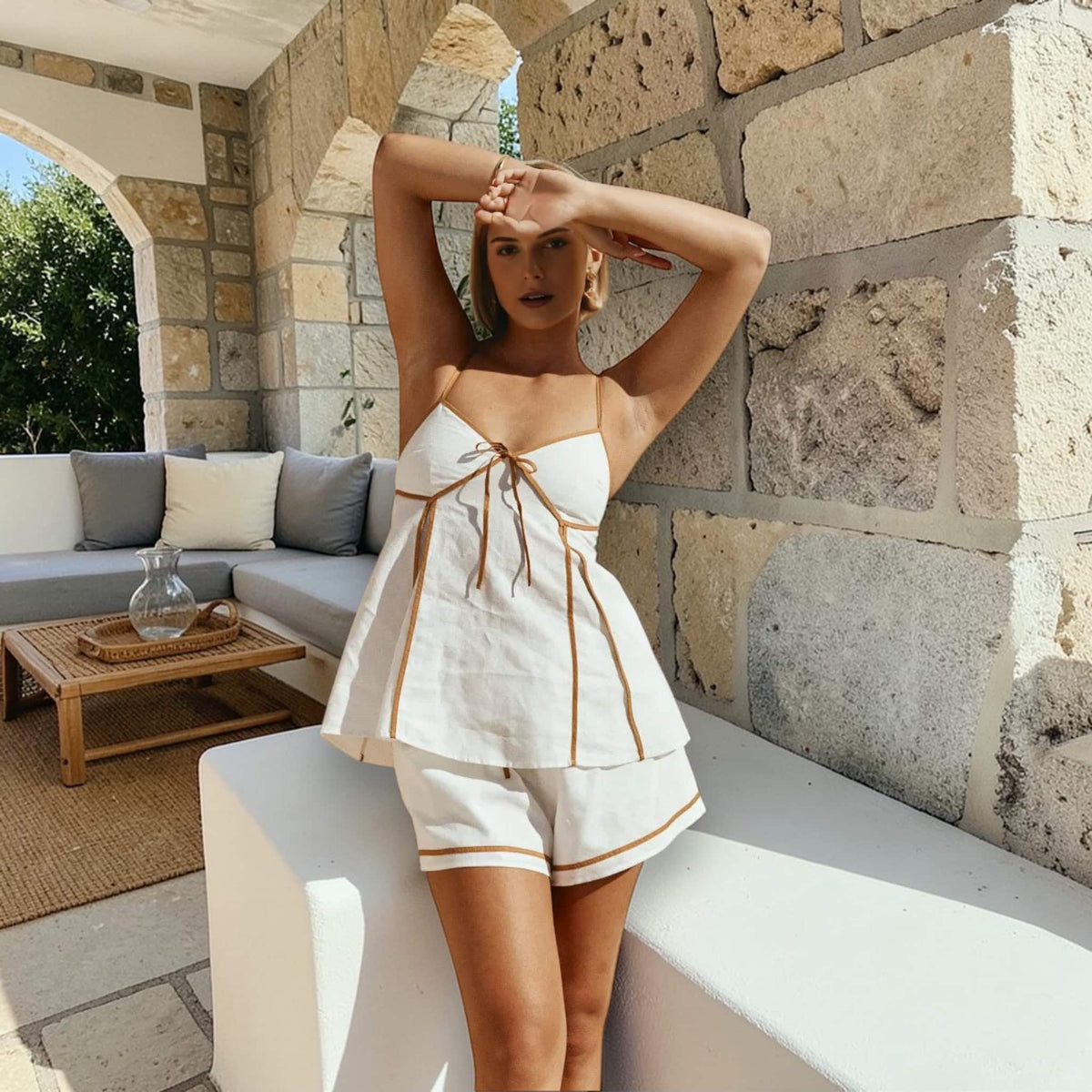 Linen Pajama Set, Linen Cami Top And Relaxed Shorts Set