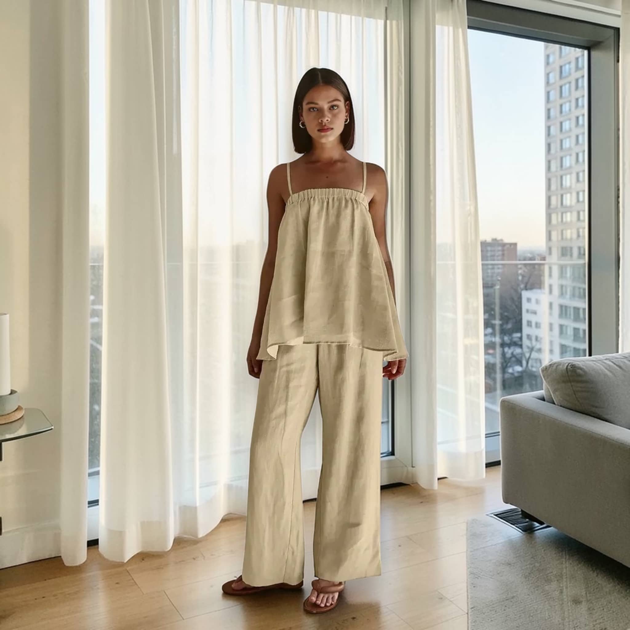 Linen Pajama Set, Linen Cami Top And Wide Leg Pants Set