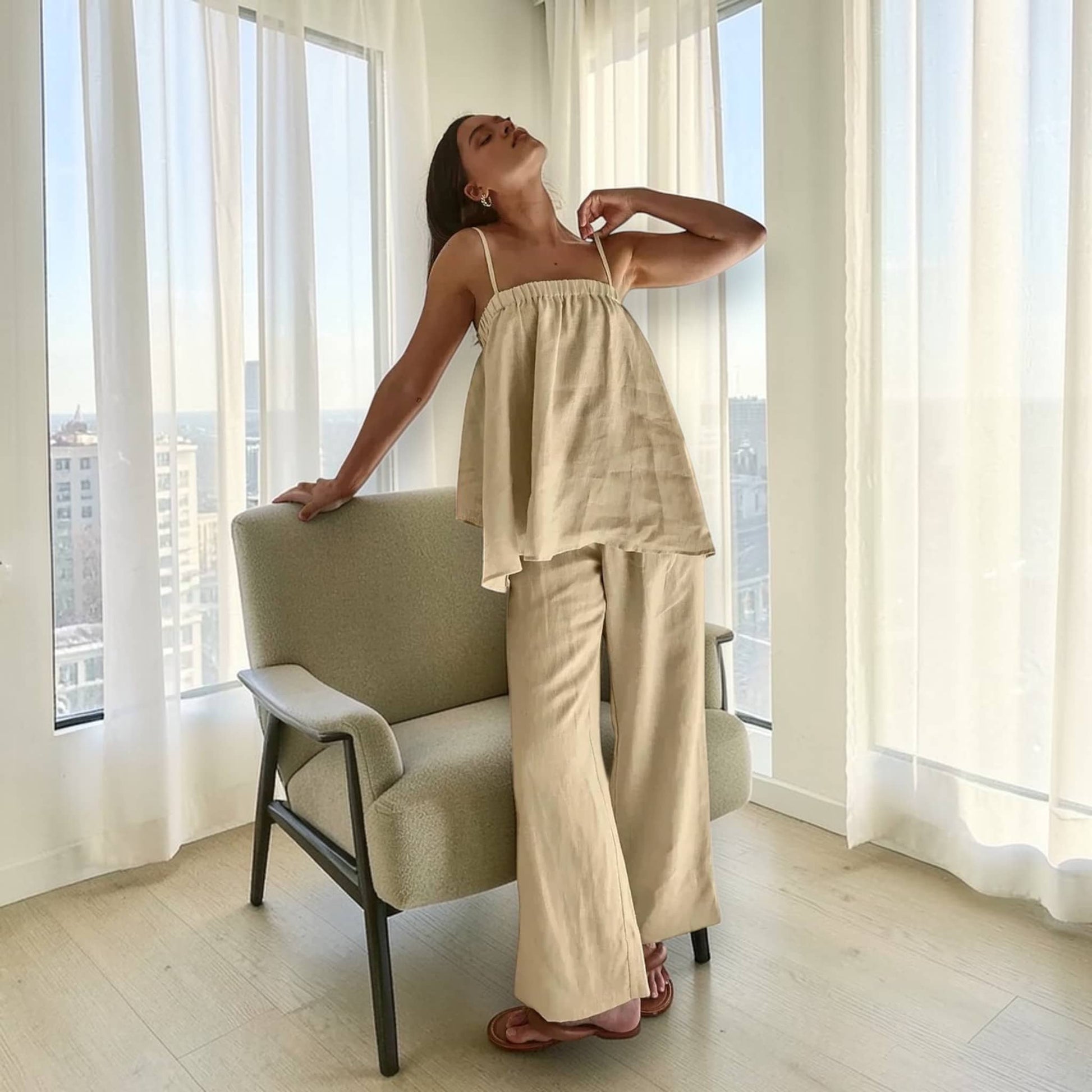 Linen Pajama Set, Linen Cami Top And Wide Leg Pants Set