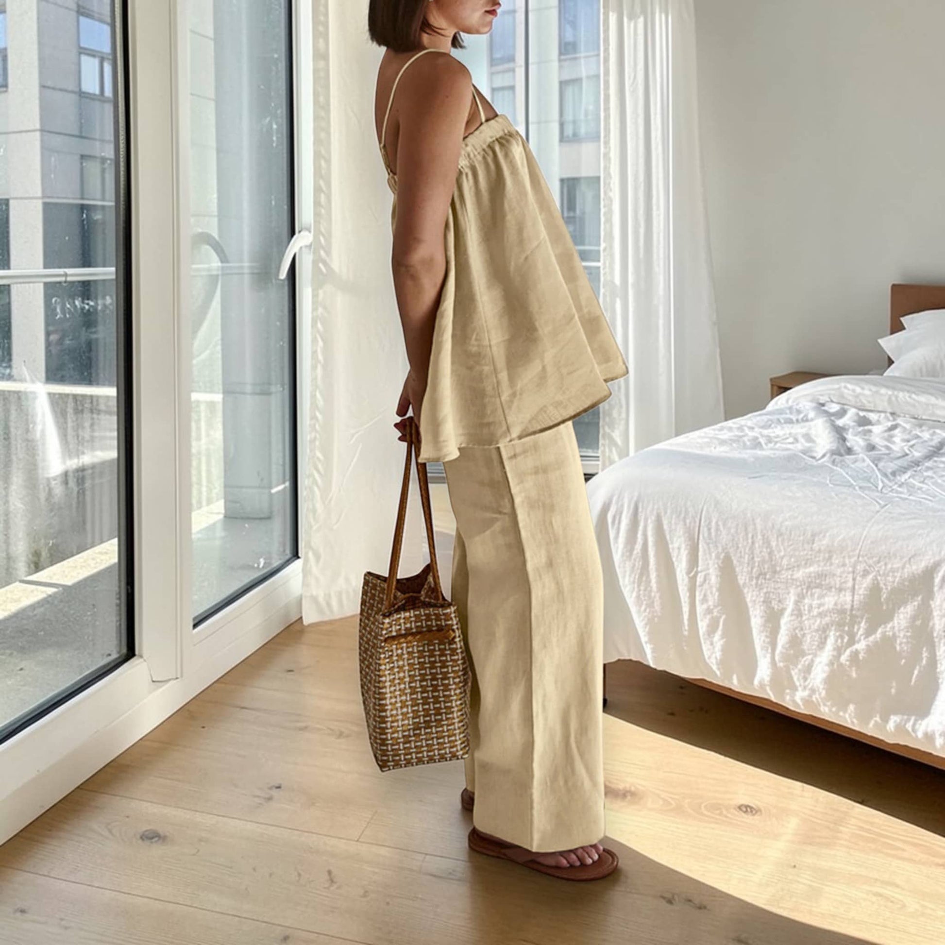 Linen Pajama Set, Linen Cami Top And Wide Leg Pants Set