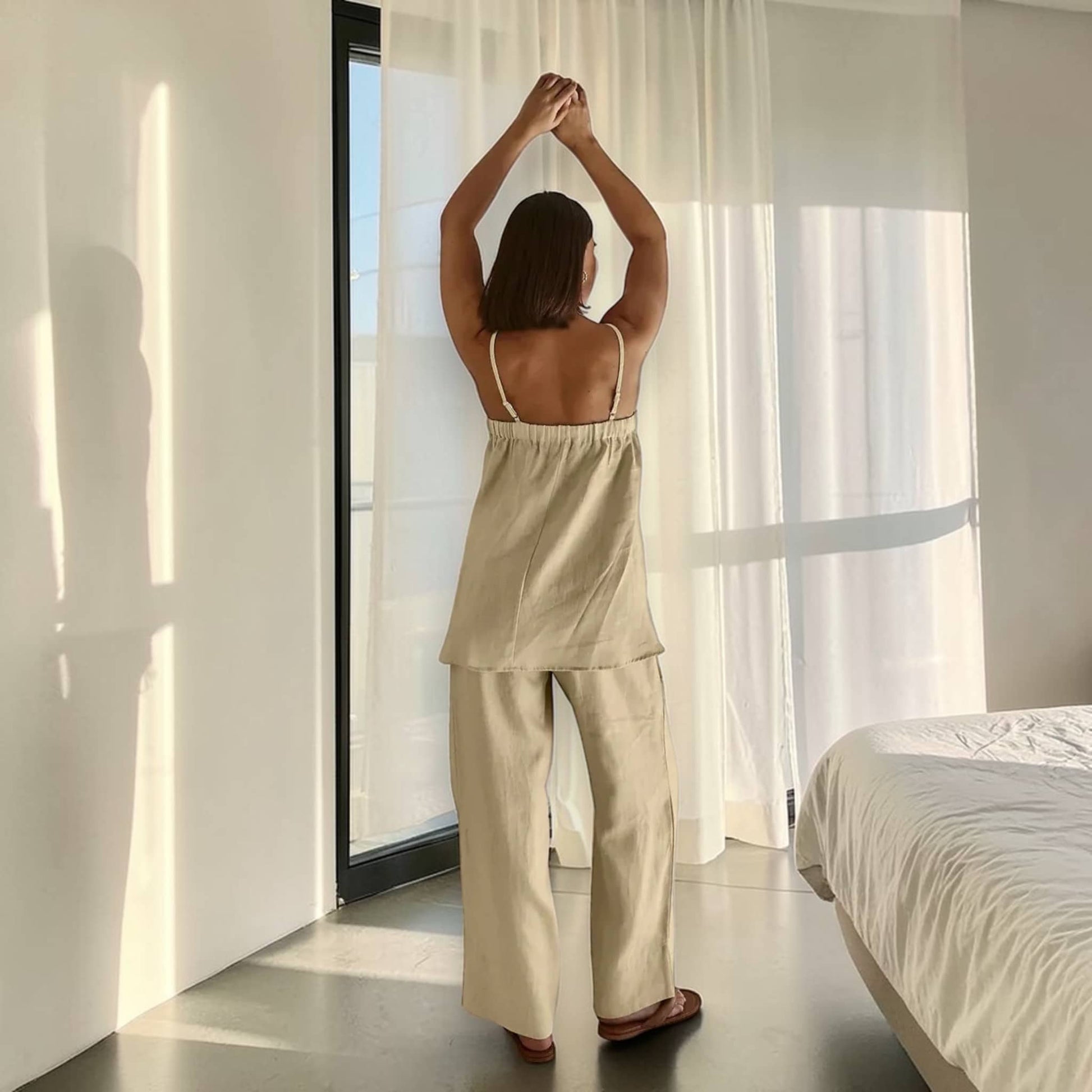 Linen Pajama Set, Linen Cami Top And Wide Leg Pants Set