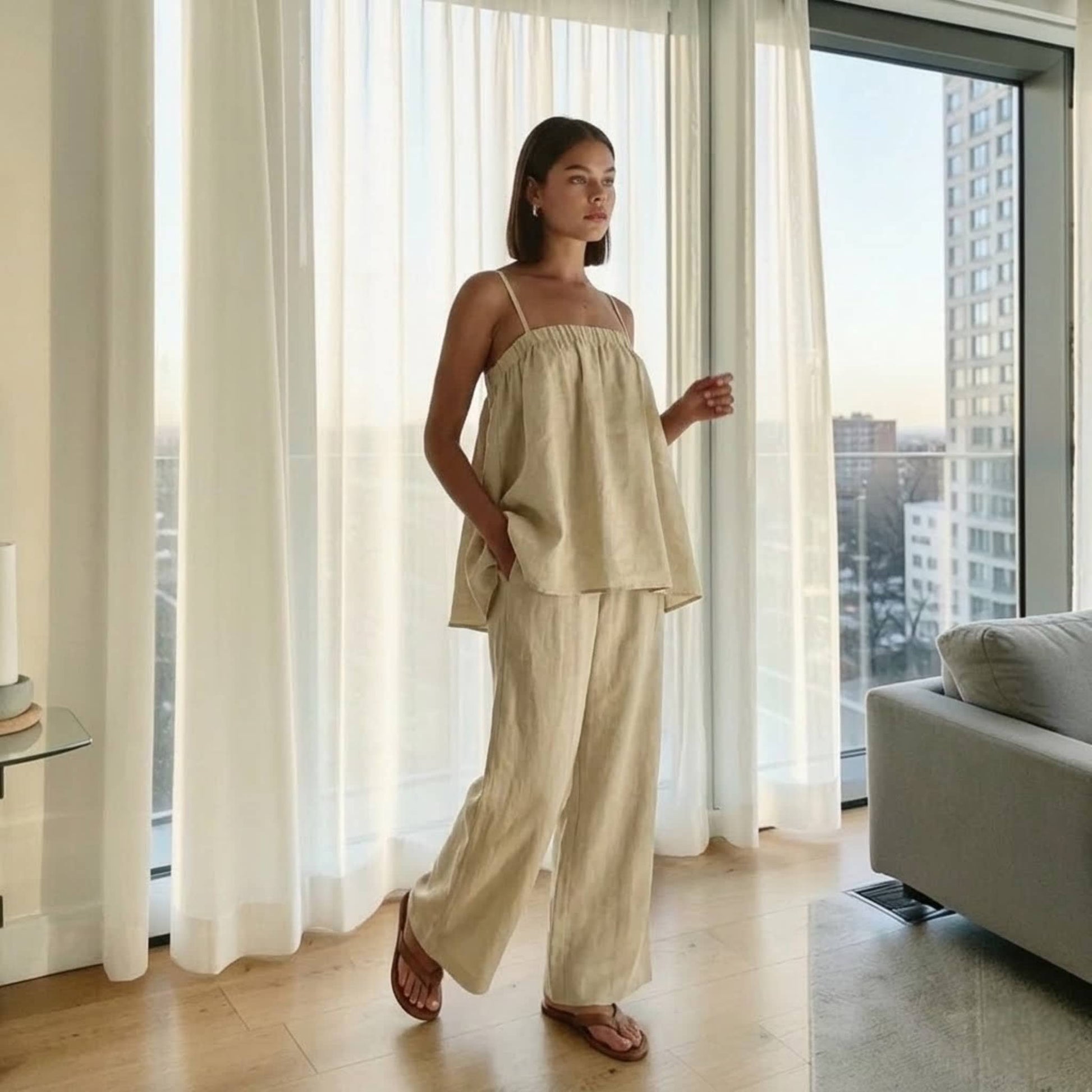 Linen Pajama Set, Linen Cami Top And Wide Leg Pants Set