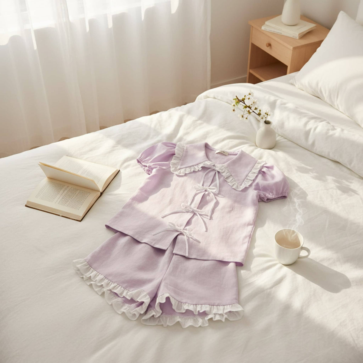 Linen Pajama Set, Linen Tie Front Top And Ruffle Shorts Set