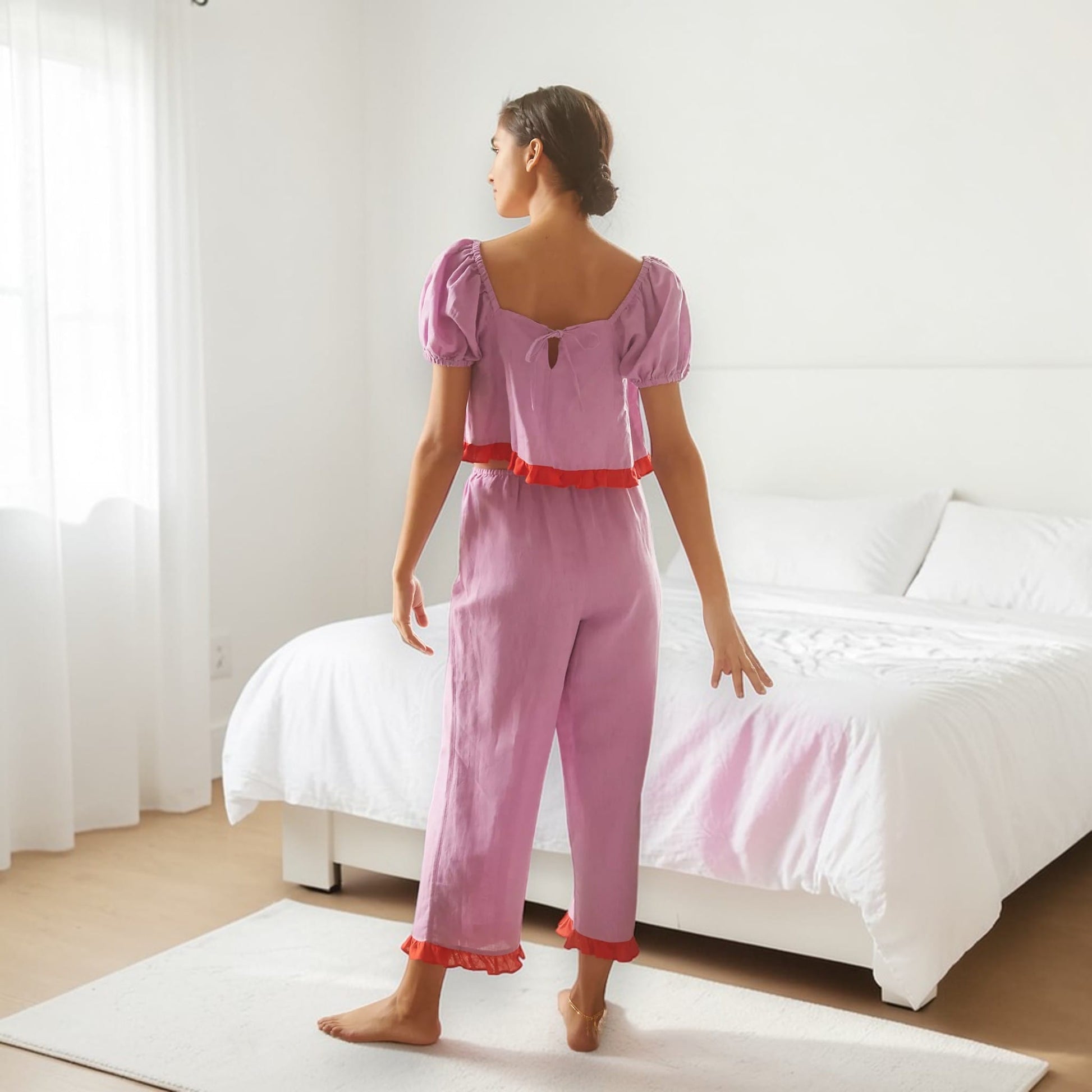 Linen Pajama Set, Puff Sleeve Crop Top And Linen Crop Pants Set