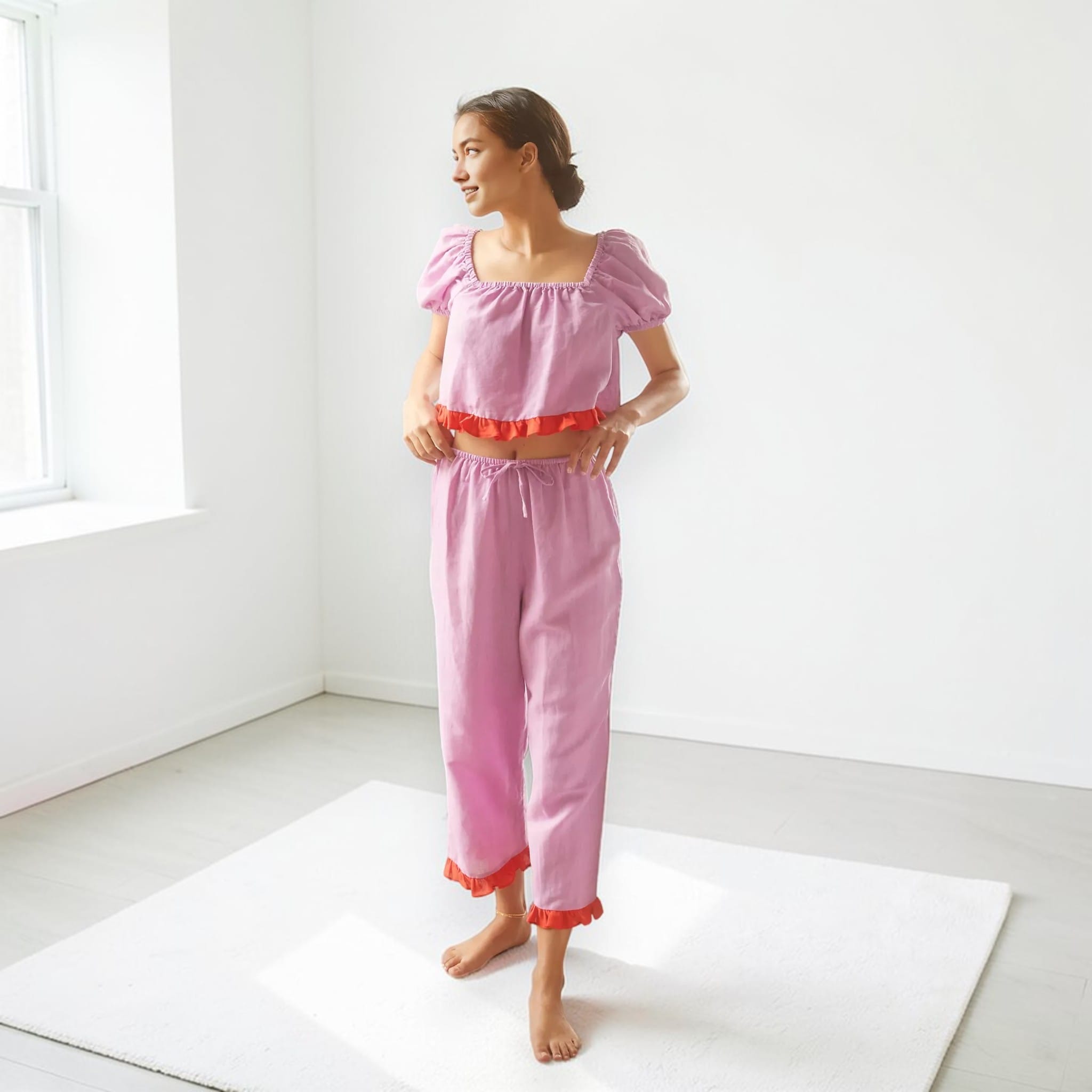 Linen Pajama Set, Puff Sleeve Crop Top And Linen Crop Pants Set