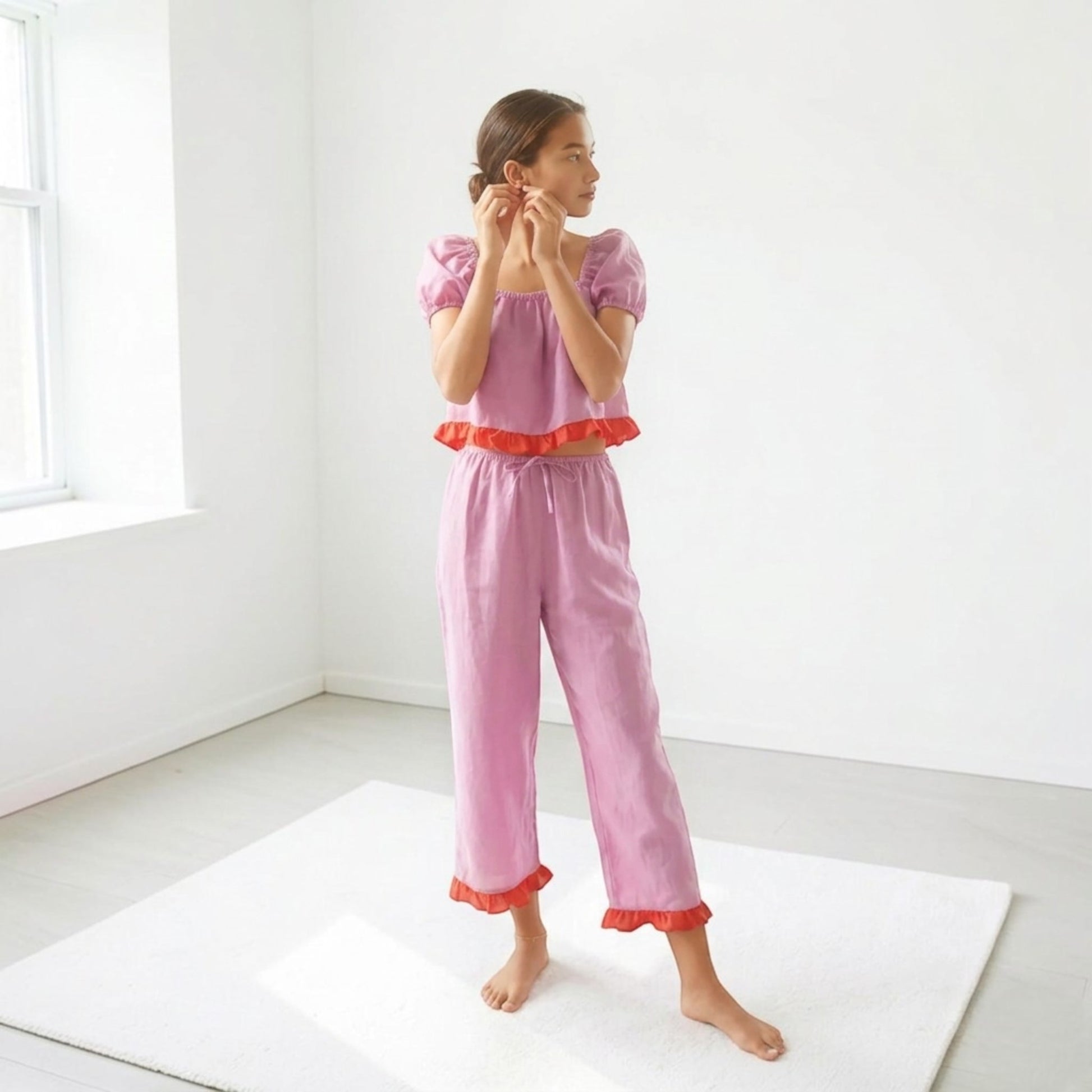 Linen Pajama Set, Puff Sleeve Crop Top And Linen Crop Pants Set