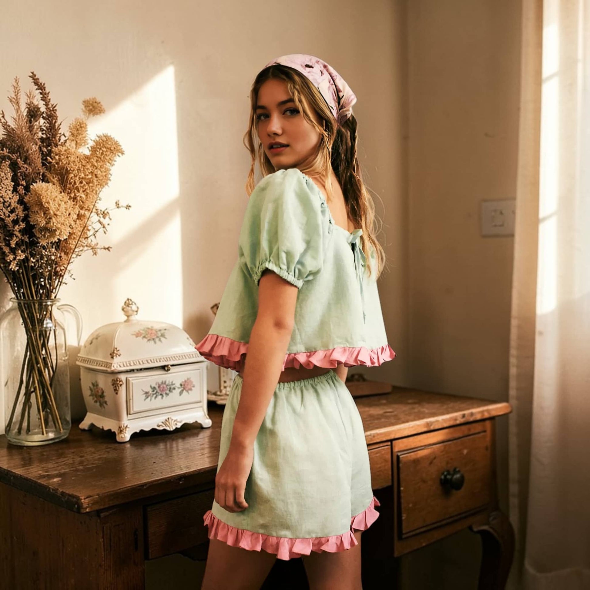 Linen Pajama Set, Puff Sleeve Crop Top And Ruffle Shorts Set