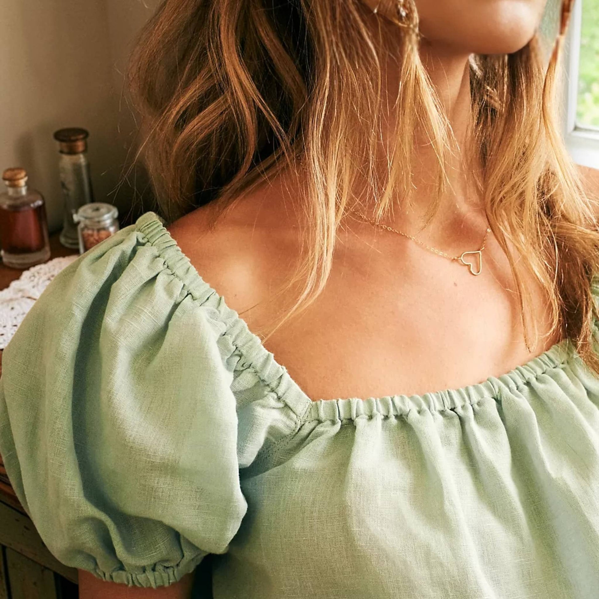 Linen Pajama Set, Puff Sleeve Crop Top And Ruffle Shorts Set