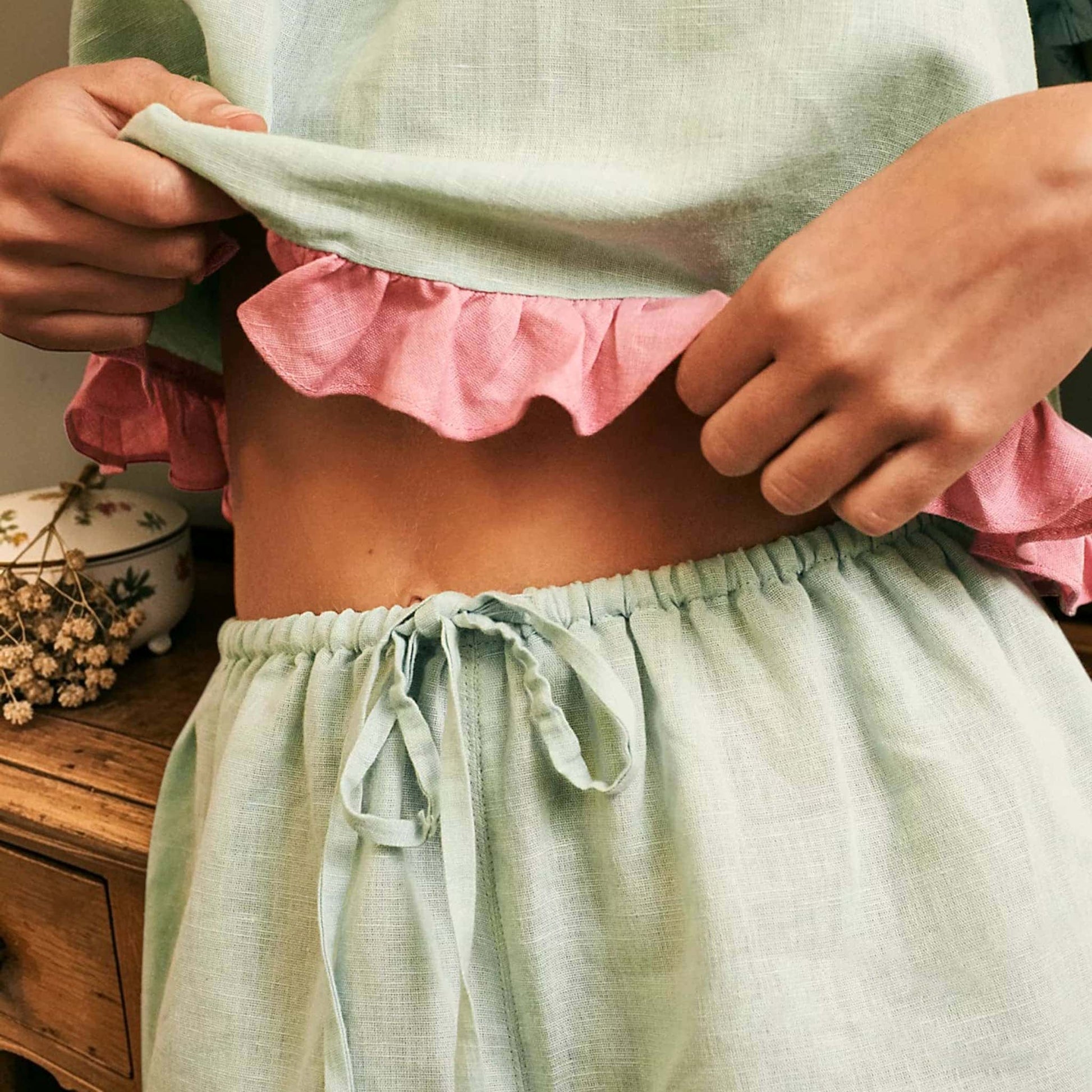 Linen Pajama Set, Puff Sleeve Crop Top And Ruffle Shorts Set