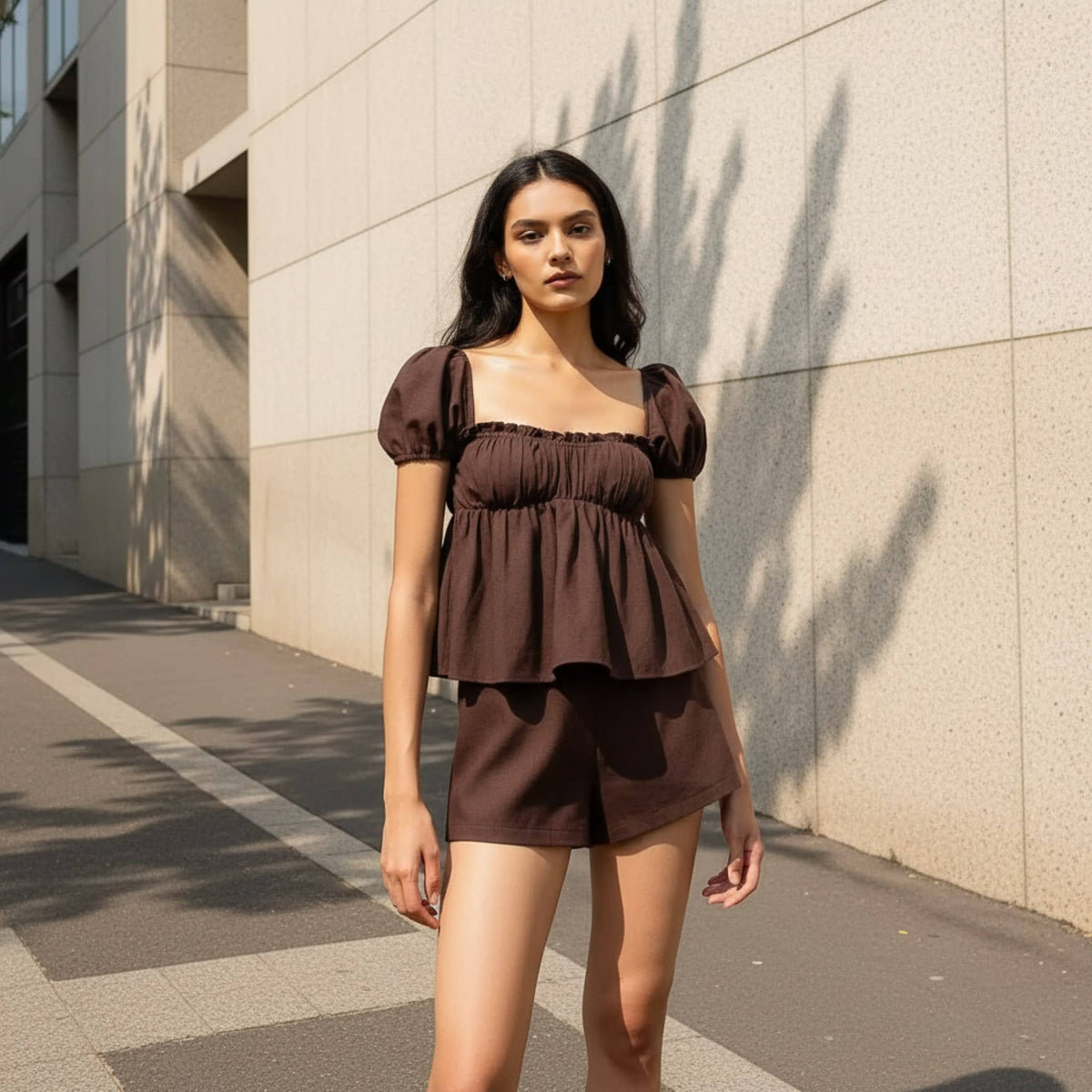 Linen Pajama Set, Puff Sleeve Peplum Top And Shorts Set