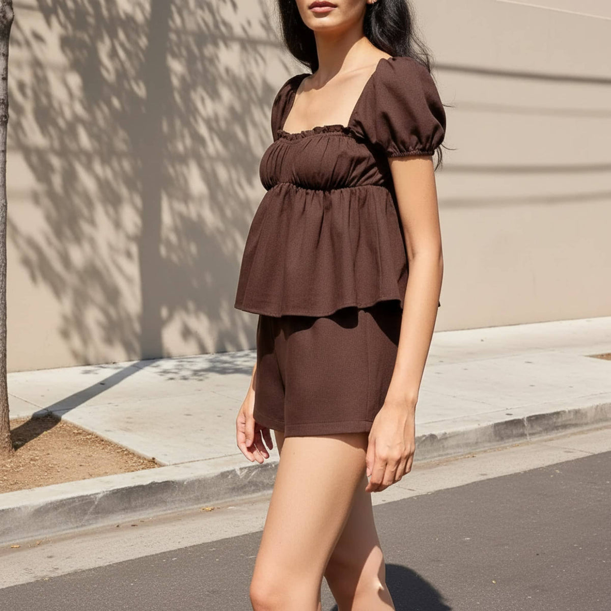 Linen Pajama Set, Puff Sleeve Peplum Top And Shorts Set