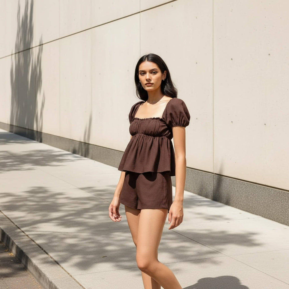 Linen Pajama Set, Puff Sleeve Peplum Top And Shorts Set