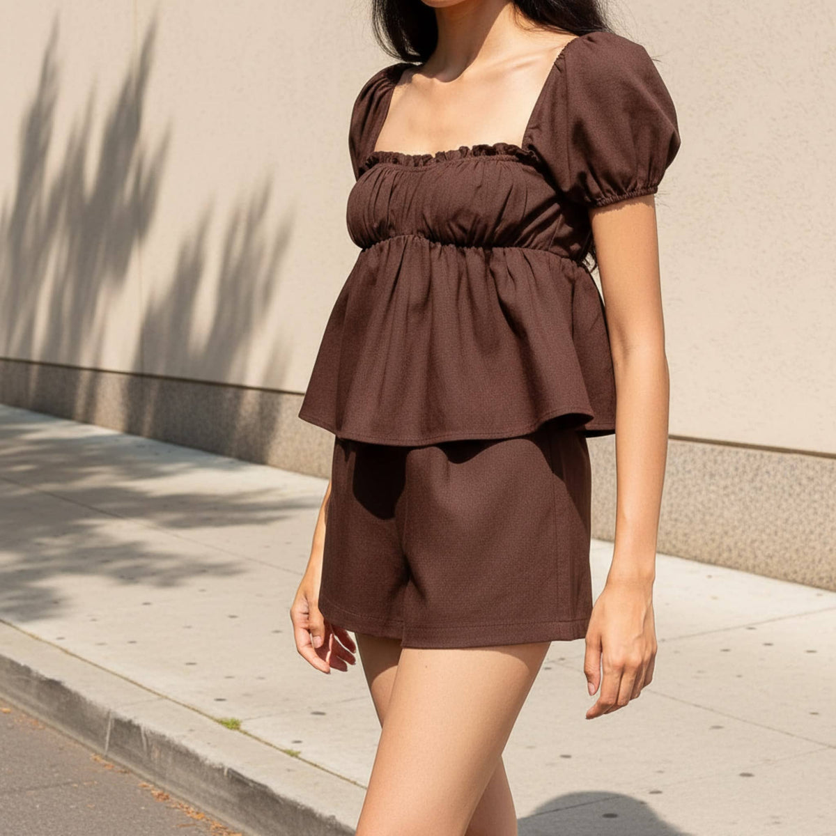 Linen Pajama Set, Puff Sleeve Peplum Top And Shorts Set