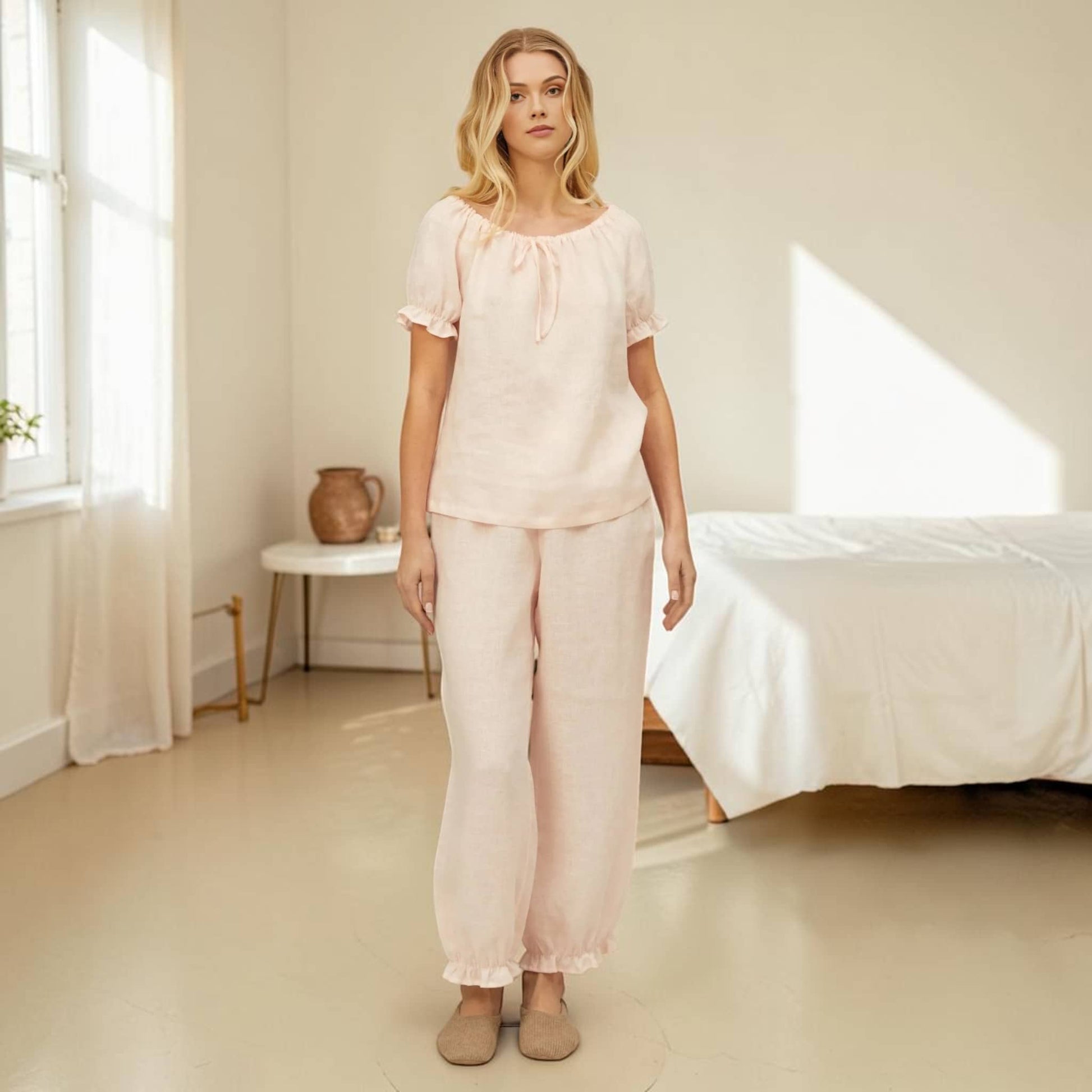 Linen Pajama Set, Puff Sleeves Top And Elastic Cuff Pants