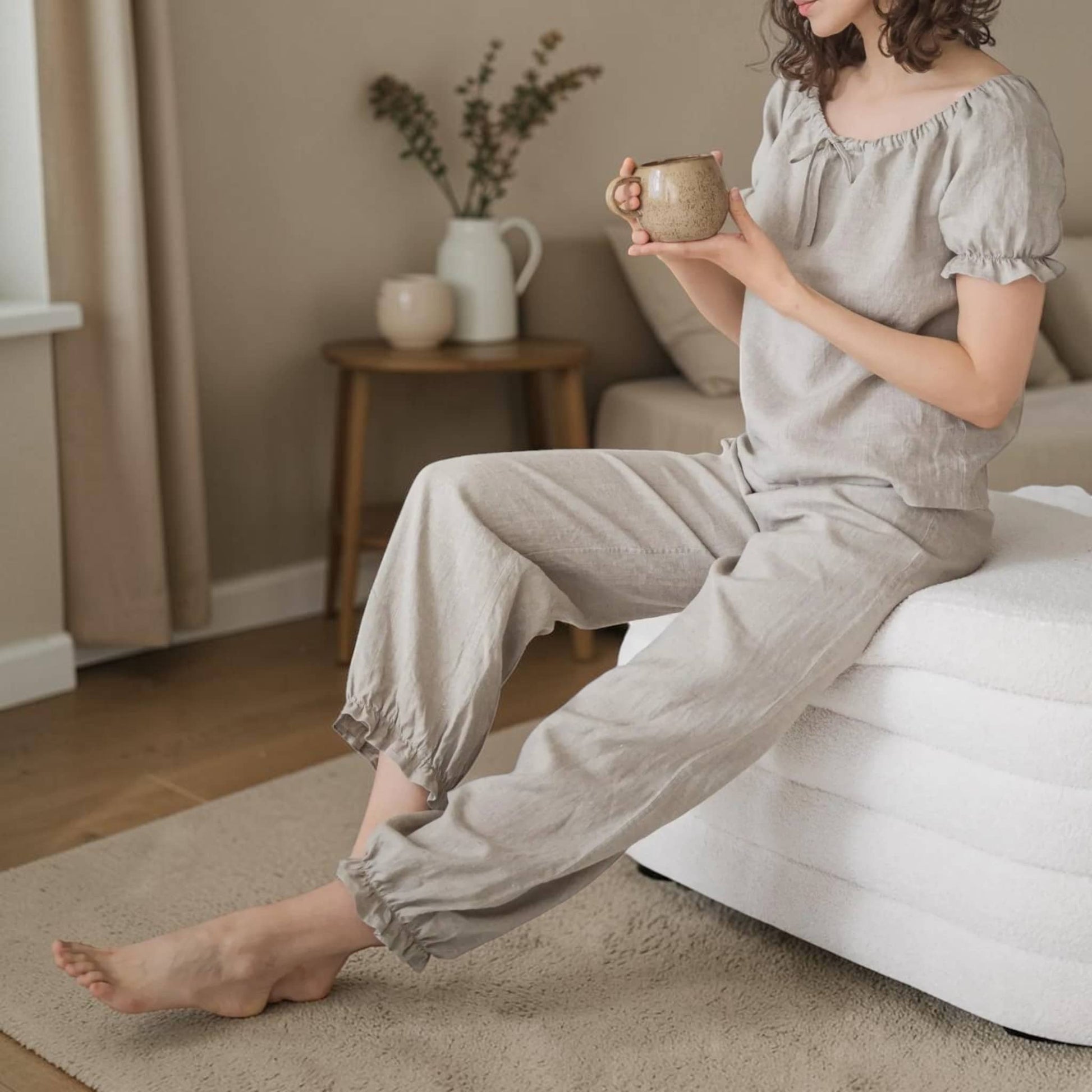 Linen Pajama Set, Puff Sleeves Top And Elastic Cuff Pants