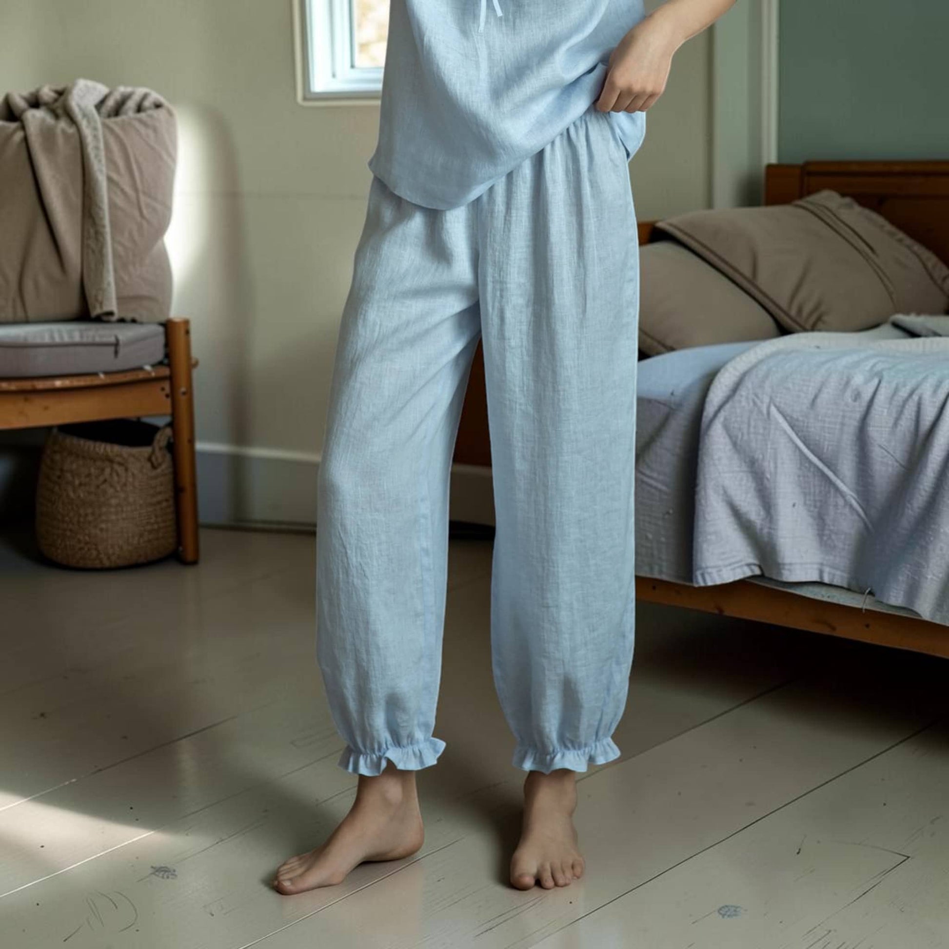 Linen Pajama Set, Puff Sleeves Top And Elastic Cuff Pants
