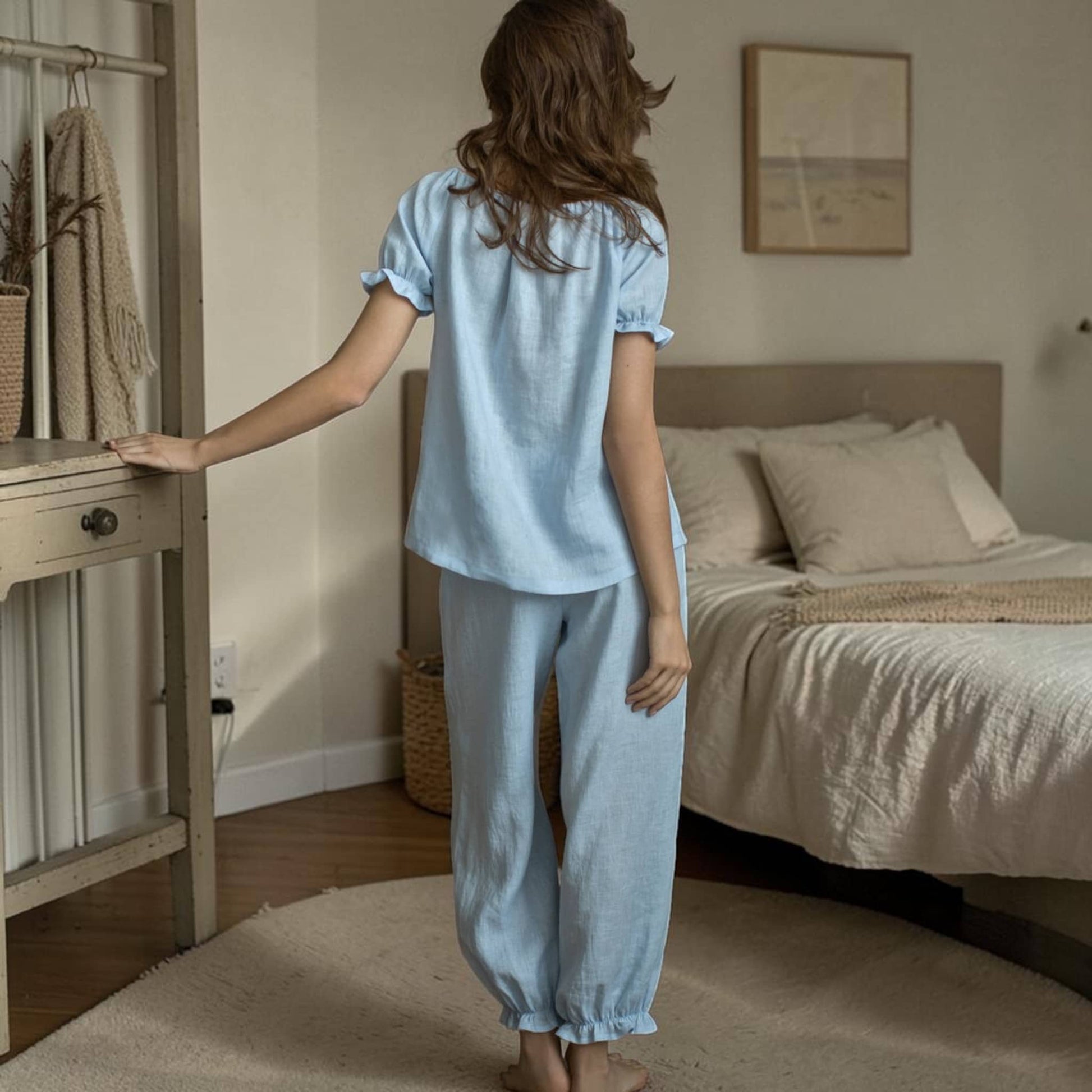 Linen Pajama Set, Puff Sleeves Top And Elastic Cuff Pants