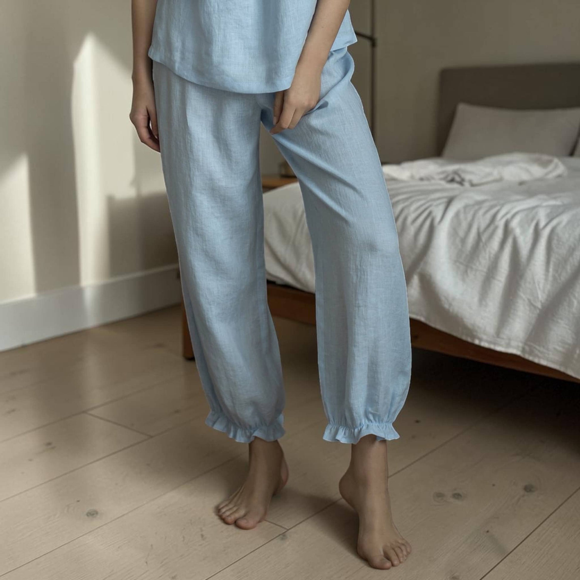 Linen Pajama Set, Puff Sleeves Top And Elastic Cuff Pants