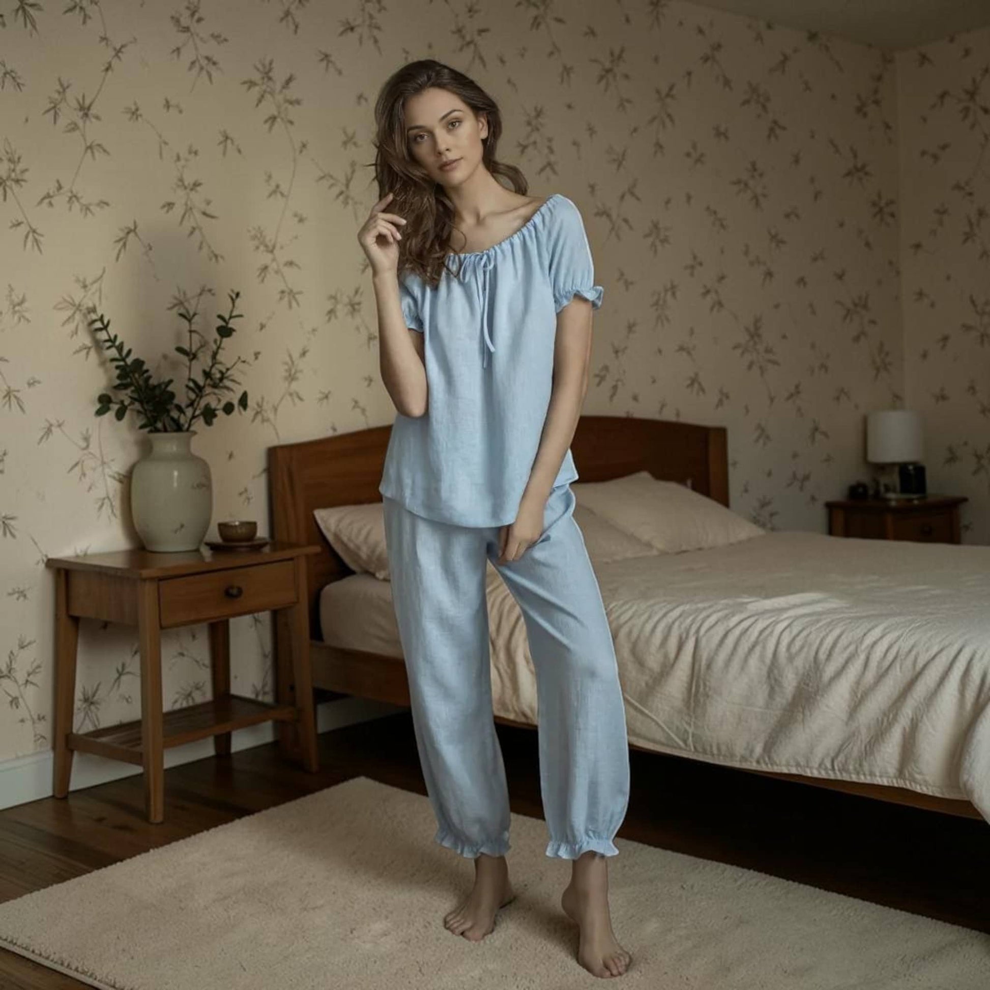 Linen Pajama Set, Puff Sleeves Top And Elastic Cuff Pants