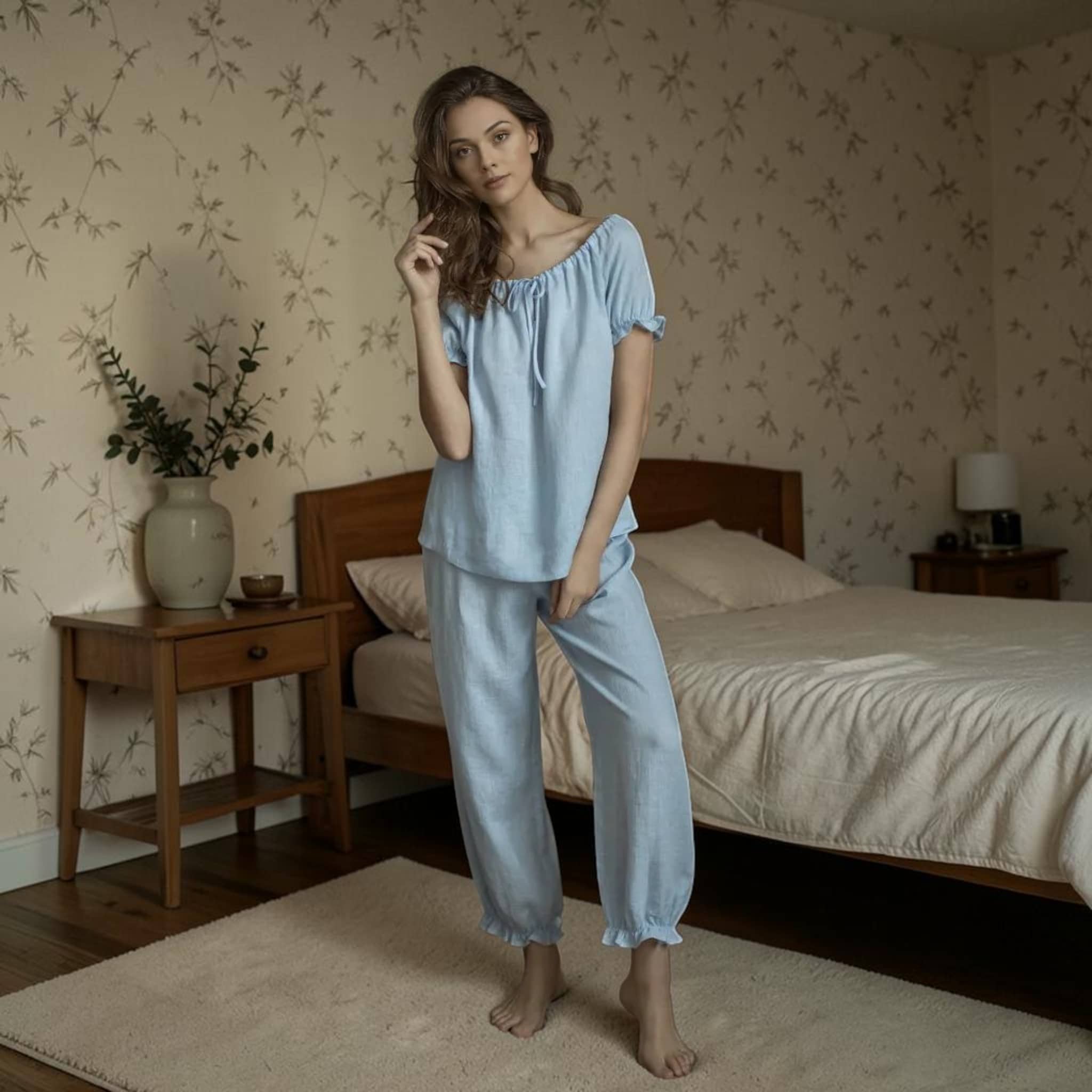 Linen Pajama Set, Puff Sleeves Top And Elastic Cuff Pants