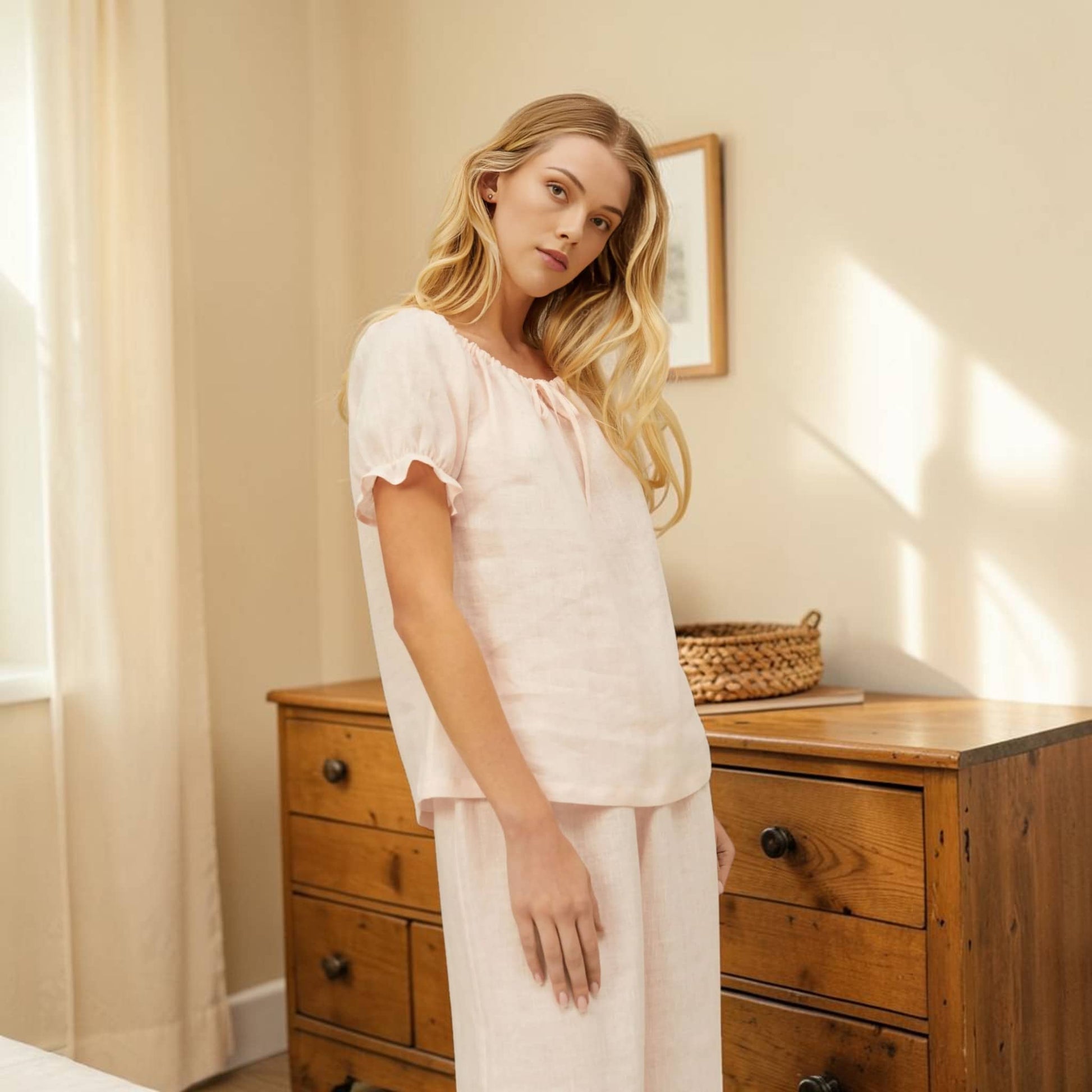 Linen Pajama Set, Puff Sleeves Top And Elastic Cuff Pants