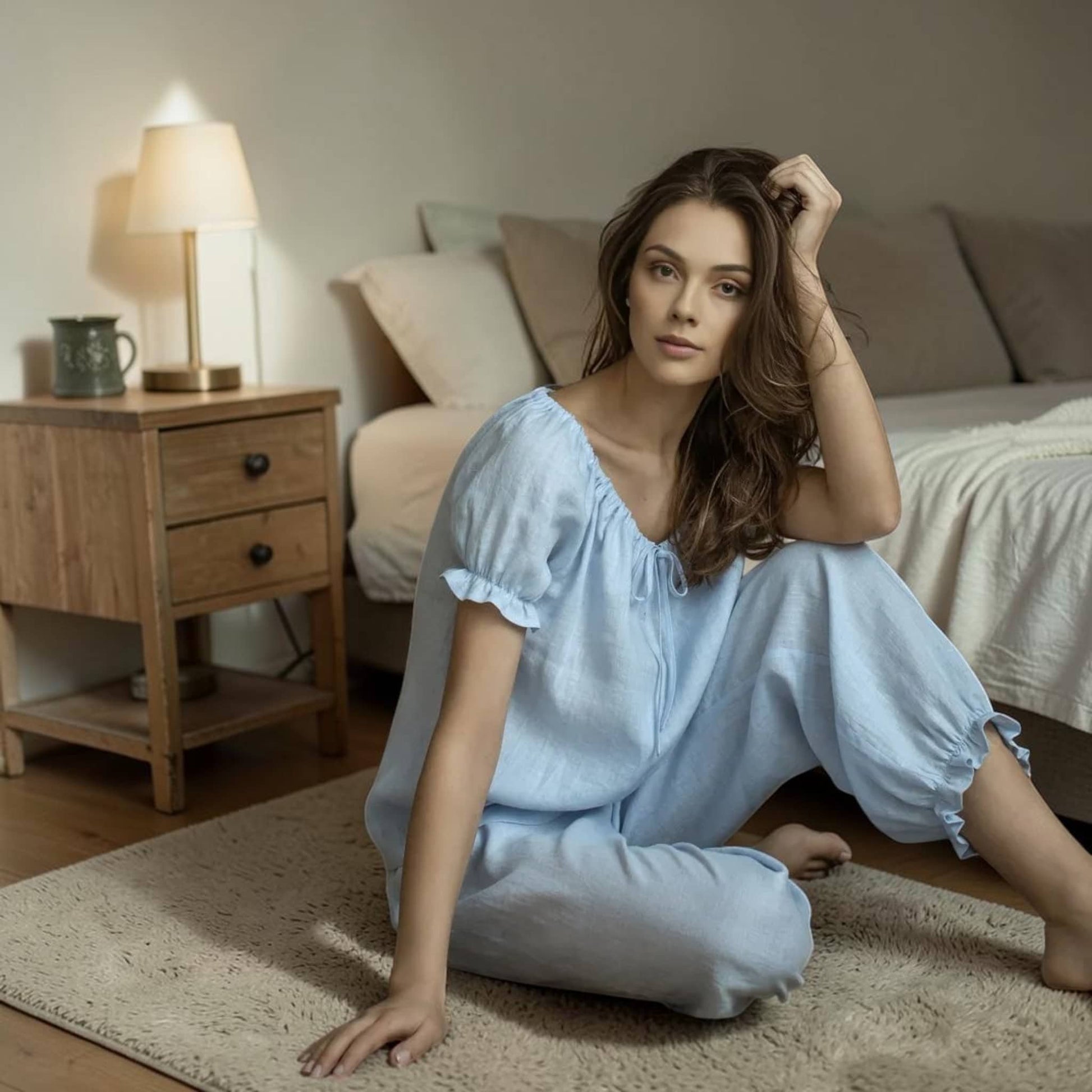 Linen Pajama Set, Puff Sleeves Top And Elastic Cuff Pants