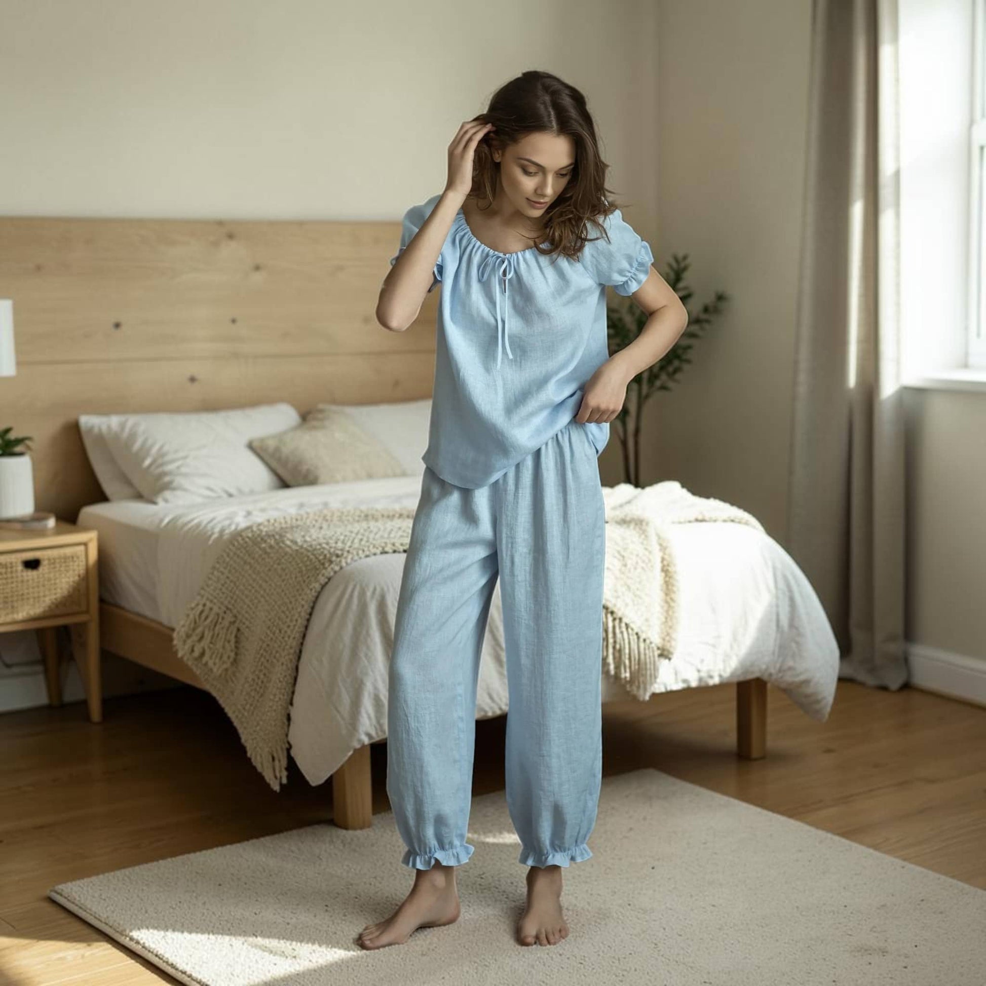 Linen Pajama Set, Puff Sleeves Top And Elastic Cuff Pants