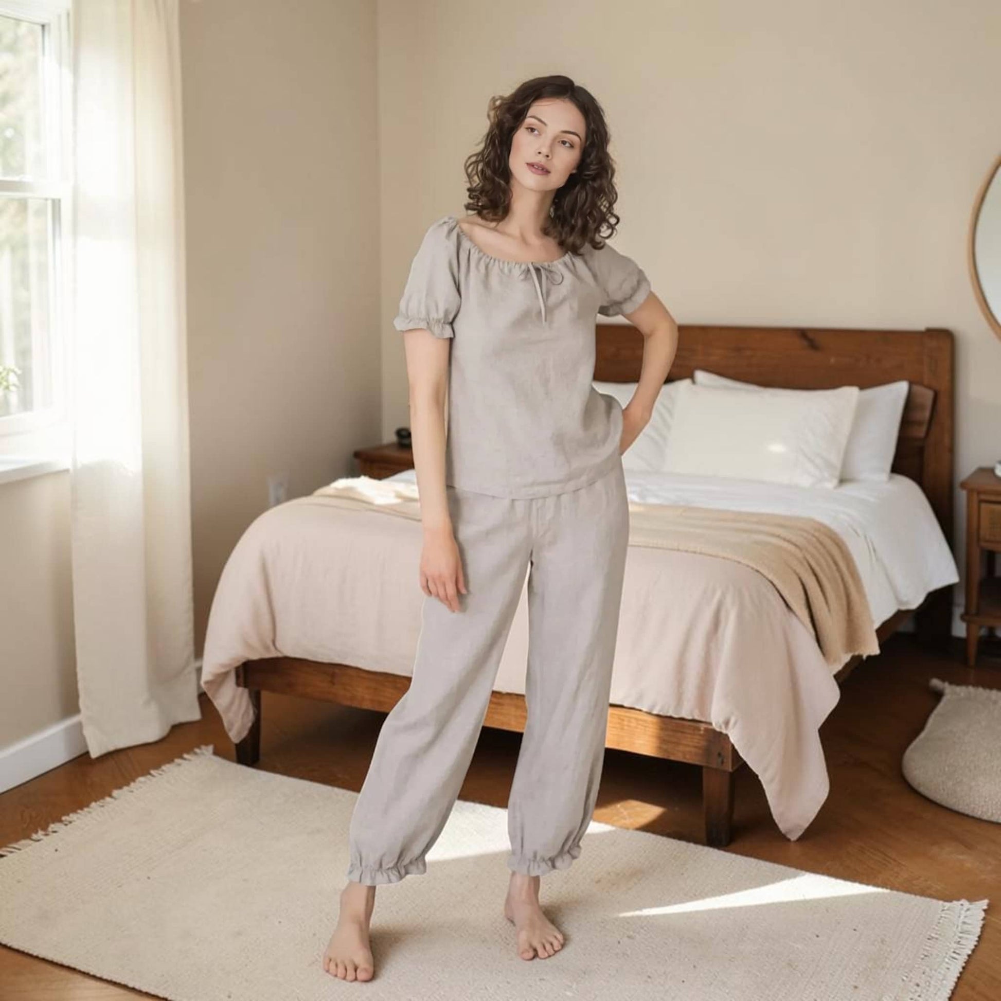 Linen Pajama Set, Puff Sleeves Top And Elastic Cuff Pants
