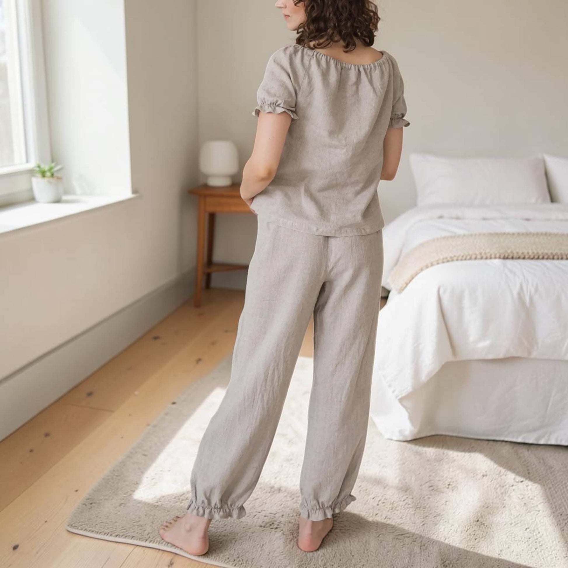 Linen Pajama Set, Puff Sleeves Top And Elastic Cuff Pants