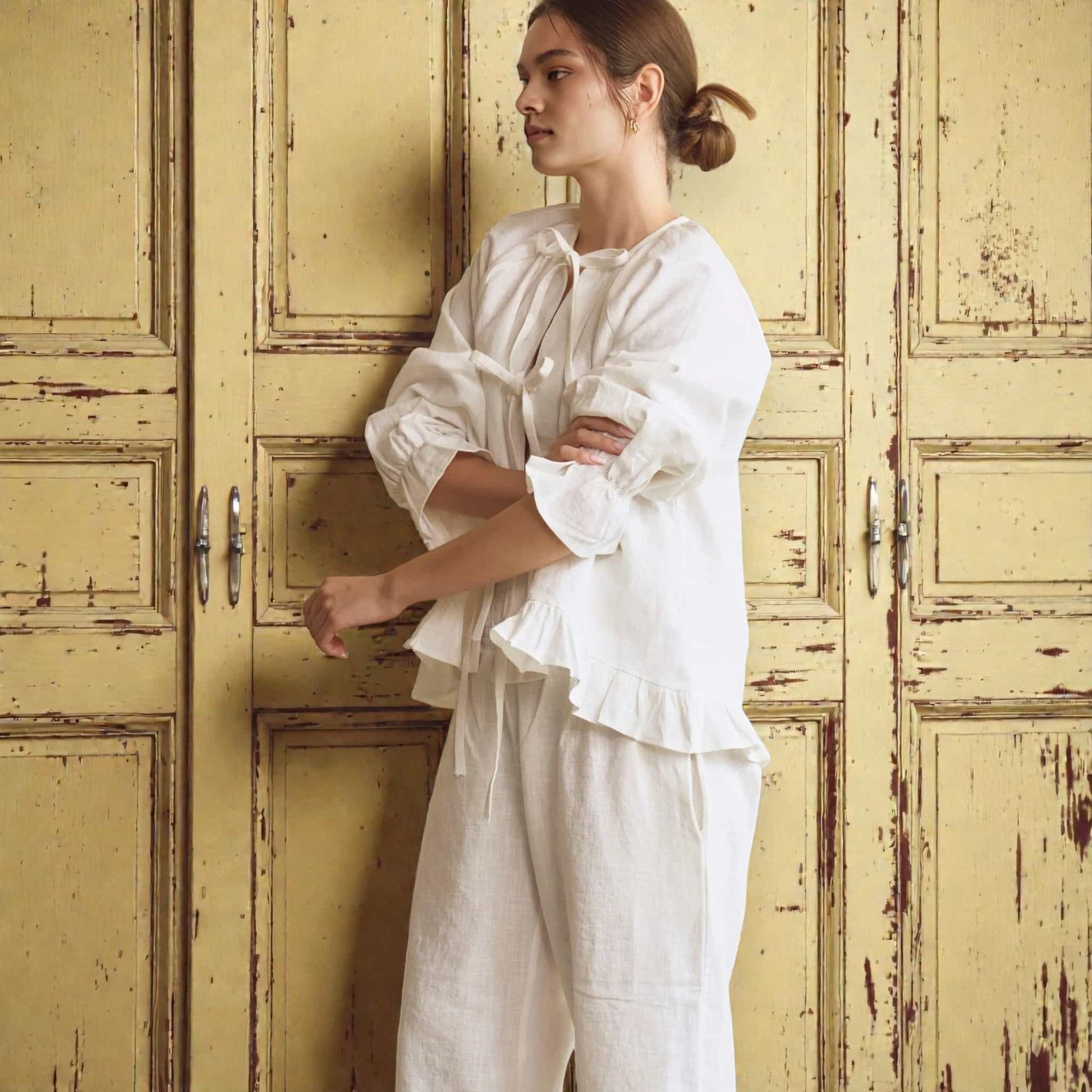 Linen Pajama Set, Ruffle Long Sleeve Top And Pants Set
