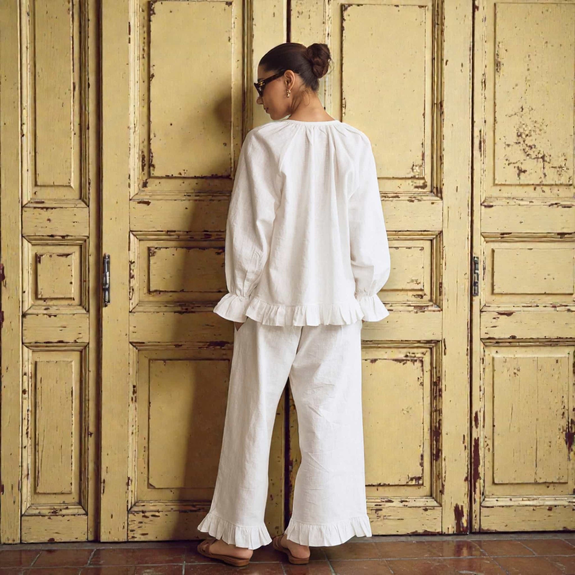 Linen Pajama Set, Ruffle Long Sleeve Top And Pants Set