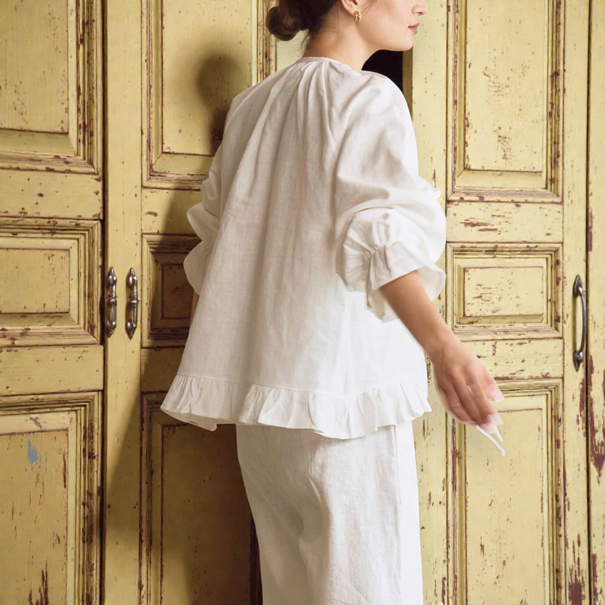 Linen Pajama Set, Ruffle Long Sleeve Top And Pants Set