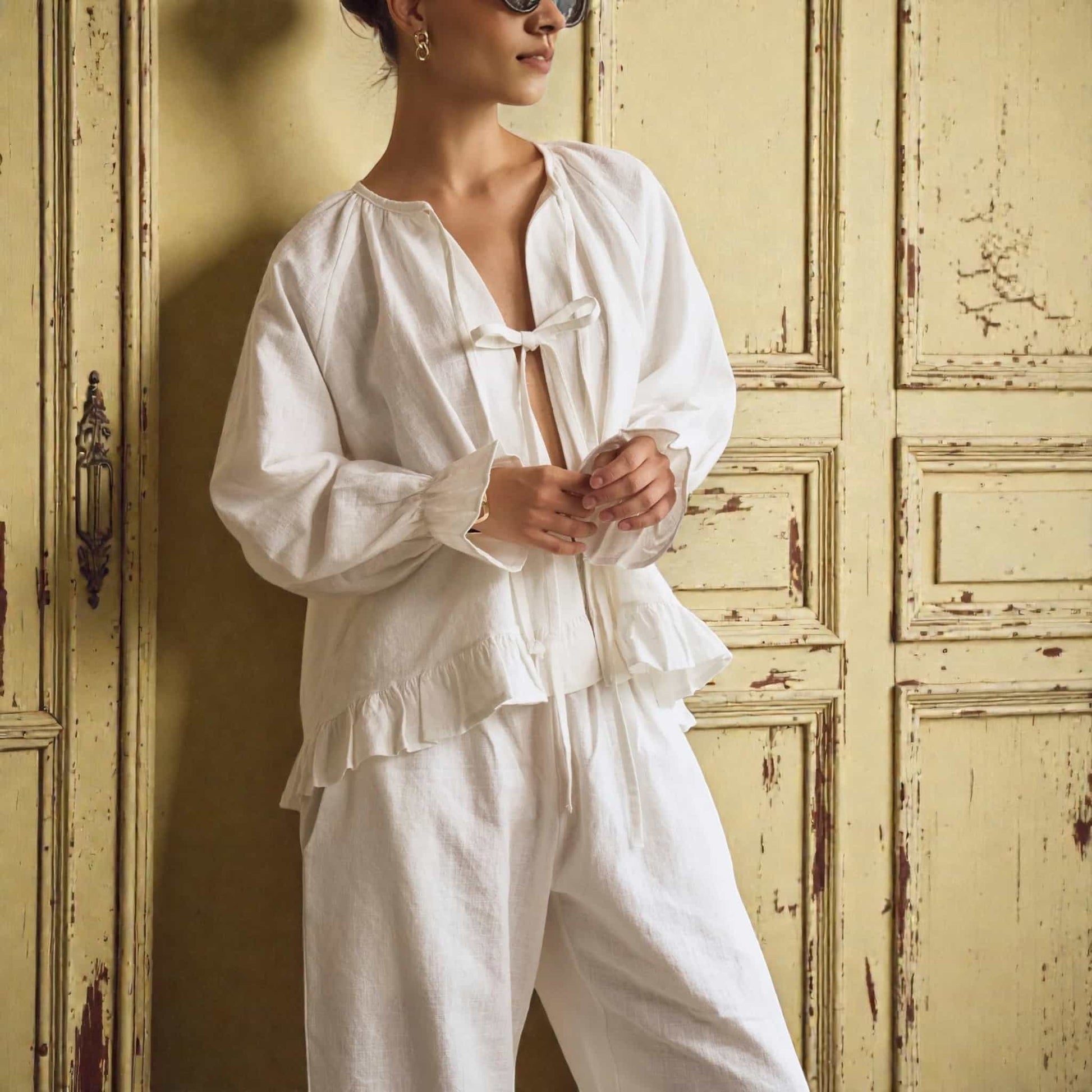 Linen Pajama Set, Ruffle Long Sleeve Top And Pants Set