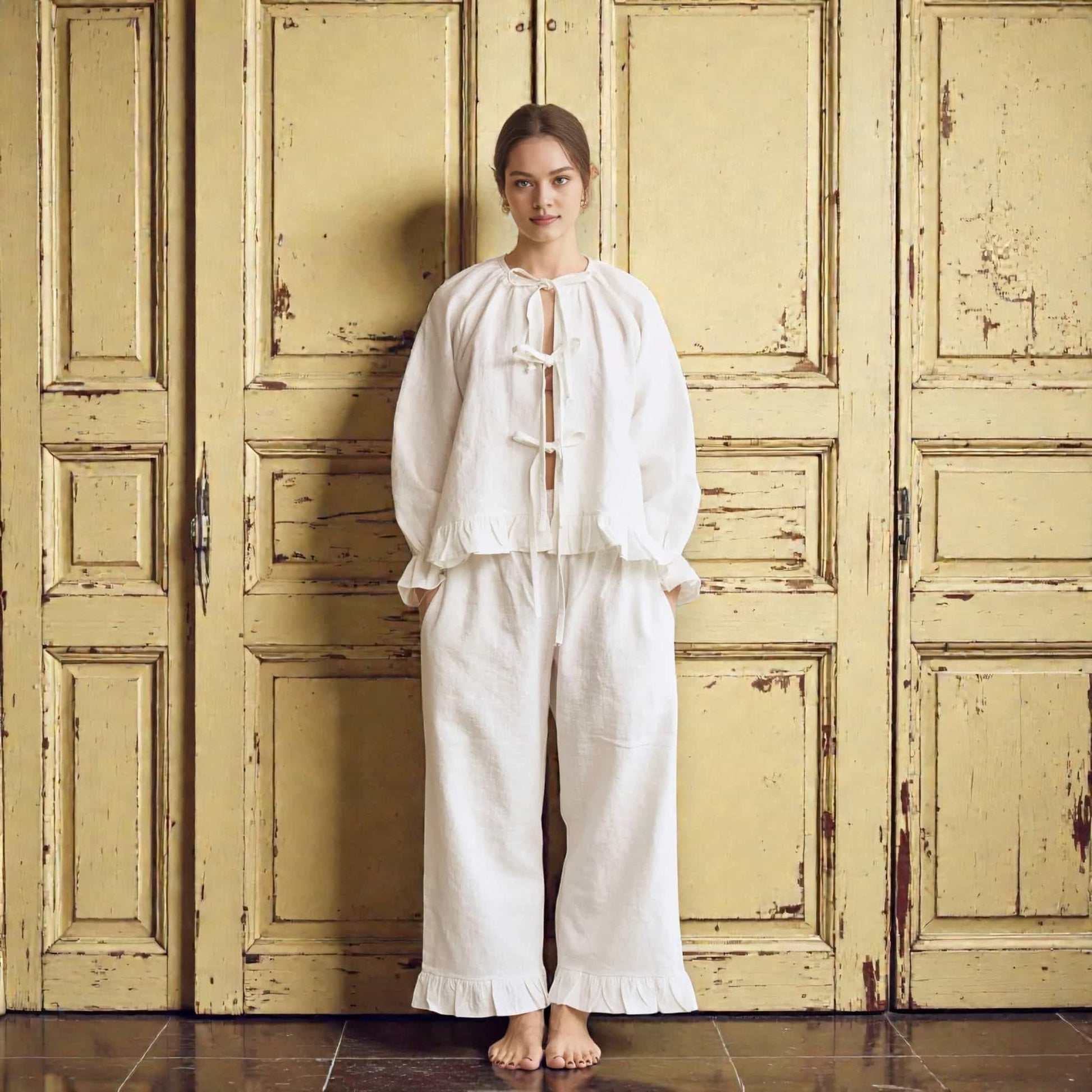 Linen Pajama Set, Ruffle Long Sleeve Top And Pants Set