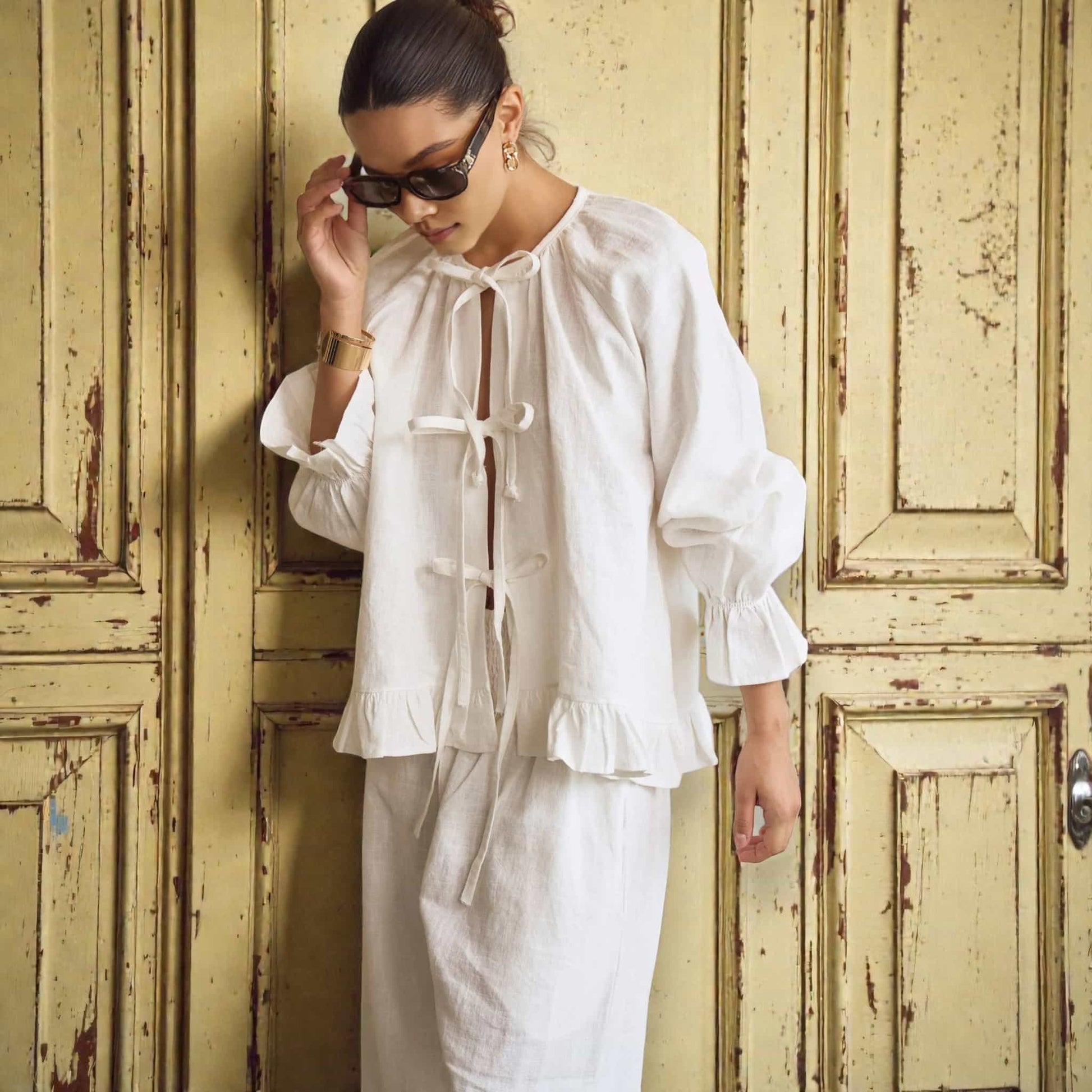 Linen Pajama Set, Ruffle Long Sleeve Top And Pants Set