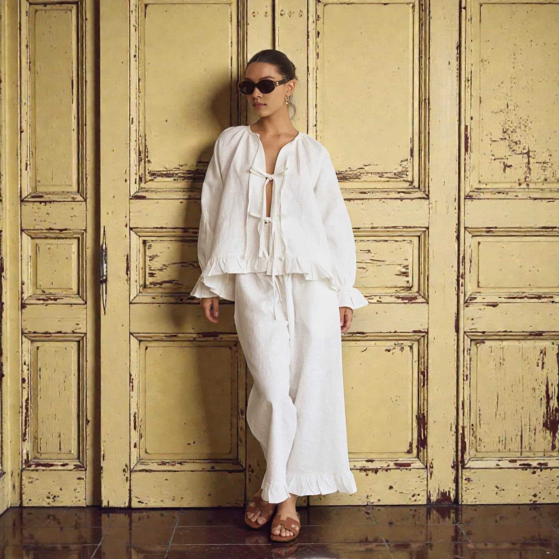 Linen Pajama Set, Ruffle Long Sleeve Top And Pants Set