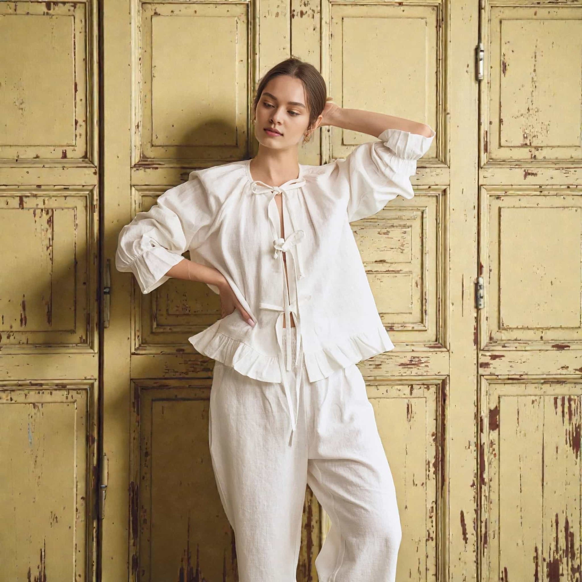 Linen Pajama Set, Ruffle Long Sleeve Top And Pants Set