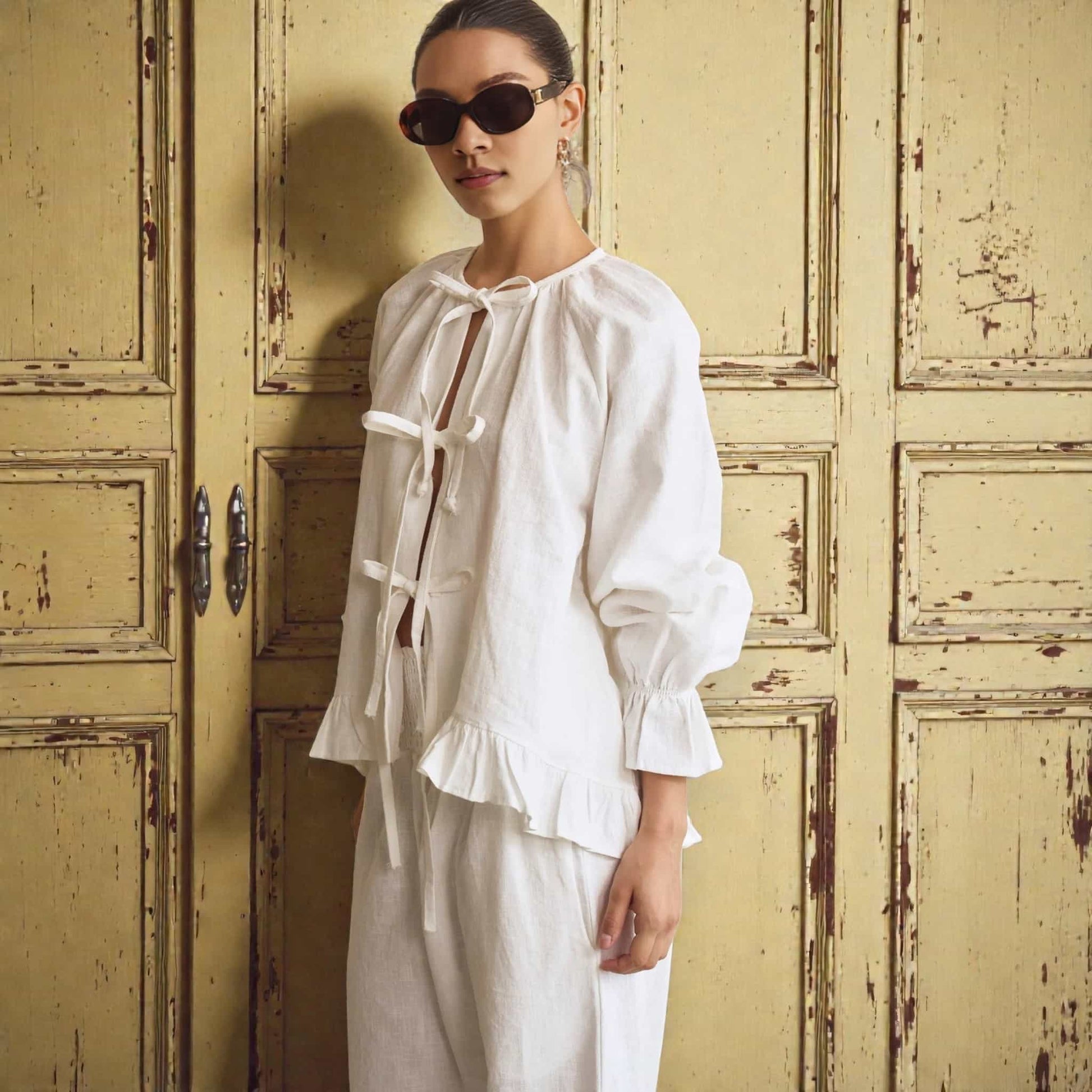 Linen Pajama Set, Ruffle Long Sleeve Top And Pants Set